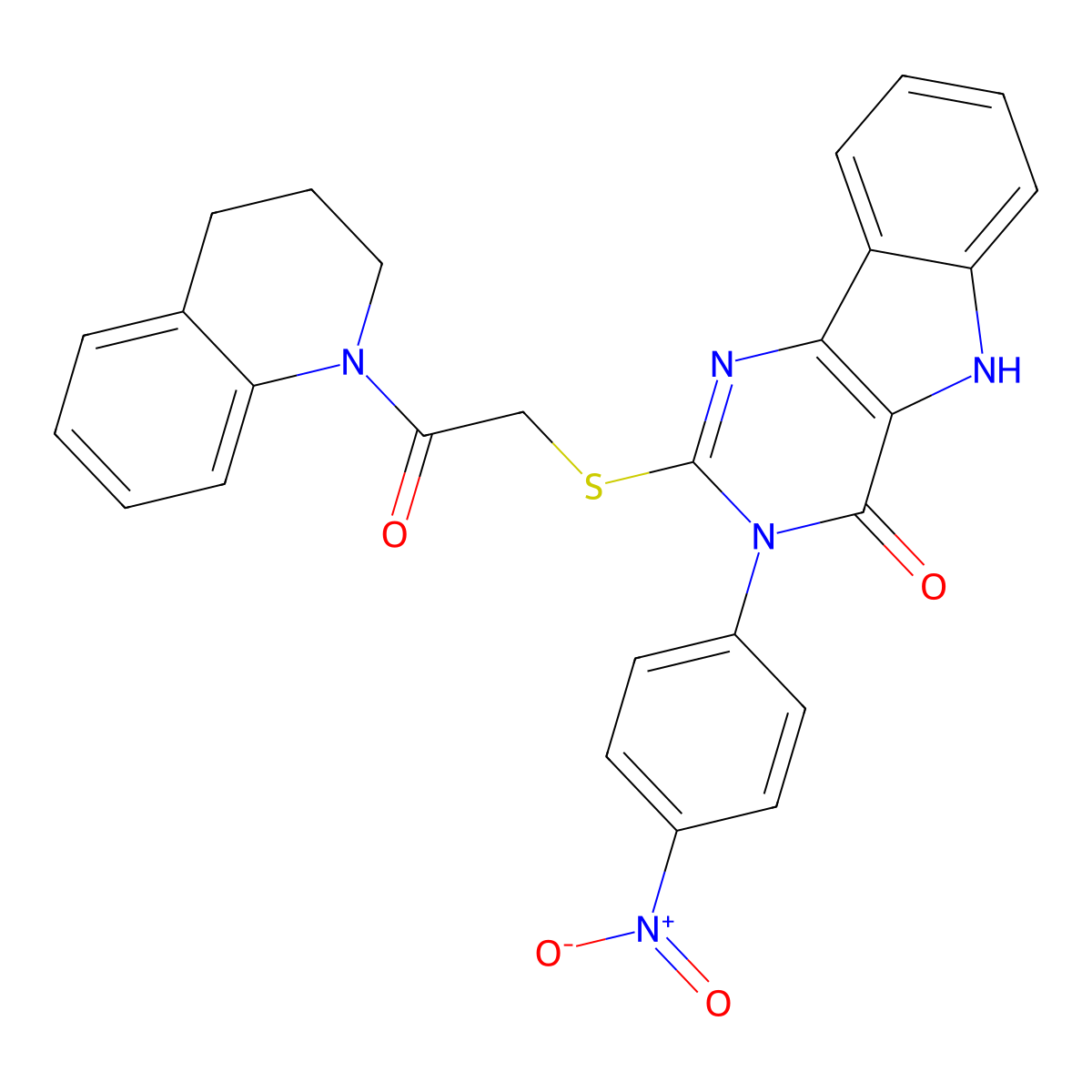 2-((2-(3,4-dihydroquinolin-1(2H)-yl)-2-oxoethyl)thio)-3-(4-nitrophenyl)-3H-pyrimido[5,4-b]indol-4(5H)-one molecular structure, CAS 536716-71-9