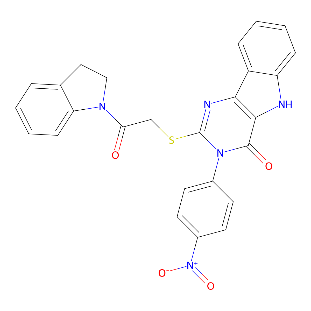 2-((2-(indolin-1-yl)-2-oxoethyl)thio)-3-(4-nitrophenyl)-3H-pyrimido[5,4-b]indol-4(5H)-one molecular structure, CAS 536716-72-0