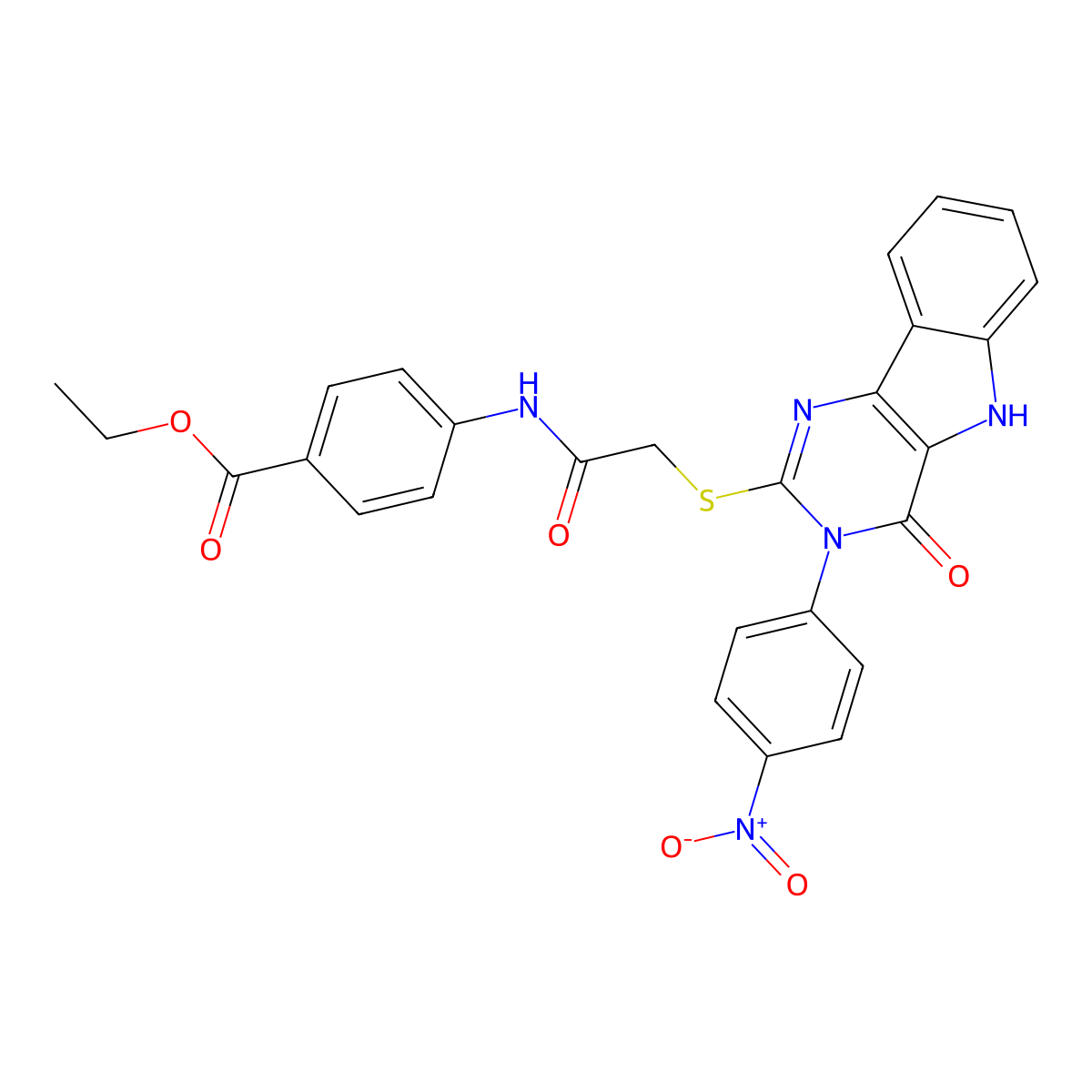 ethyl 4-(2-((3-(4-nitrophenyl)-4-oxo-4,5-dihydro-3H-pyrimido[5,4-b]indol-2-yl)thio)acetamido)benzoate molecular structure, CAS 536716-78-6