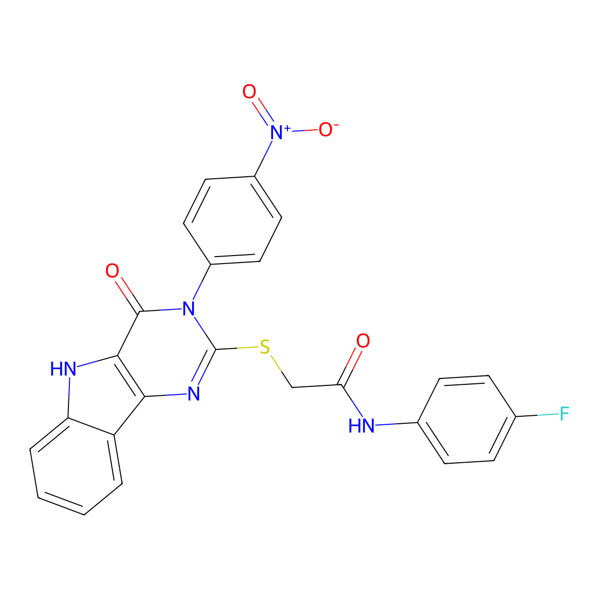 N-(4-fluorophenyl)-2-((3-(4-nitrophenyl)-4-oxo-4,5-dihydro-3H-pyrimido[5,4-b]indol-2-yl)thio)acetamide molecular structure, CAS 536716-80-0