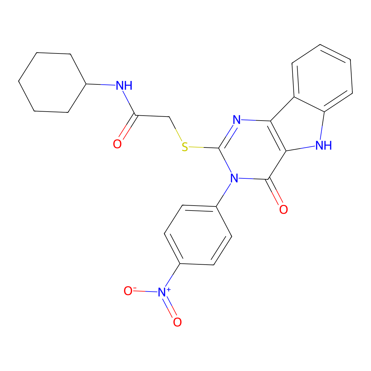 N-cyclohexyl-2-((3-(4-nitrophenyl)-4-oxo-4,5-dihydro-3H-pyrimido[5,4-b]indol-2-yl)thio)acetamide molecular structure, CAS 536716-90-2