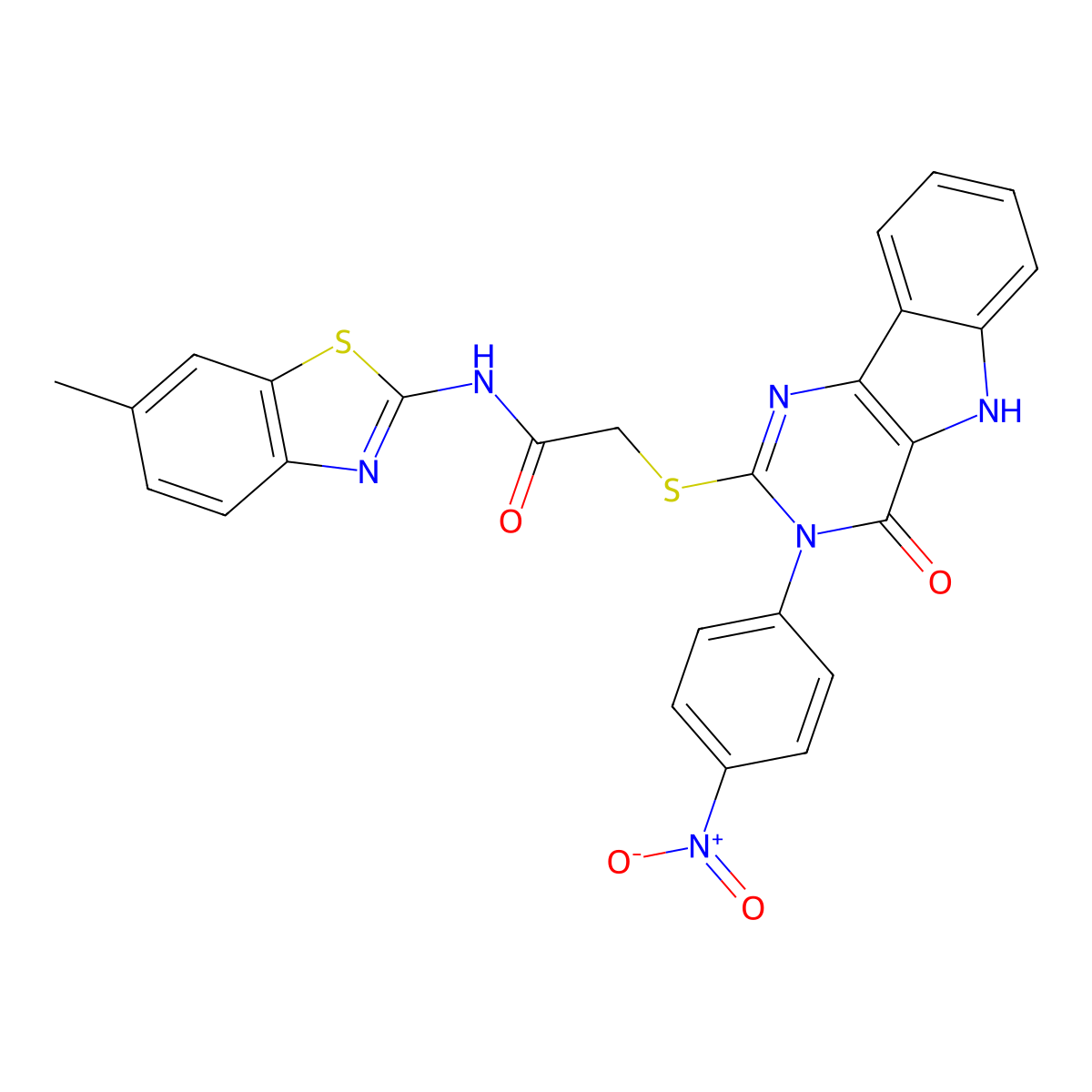 N-(6-methylbenzo[d]thiazol-2-yl)-2-((3-(4-nitrophenyl)-4-oxo-4,5-dihydro-3H-pyrimido[5,4-b]indol-2-yl)thio)acetamide molecular structure, CAS 536716-99-1