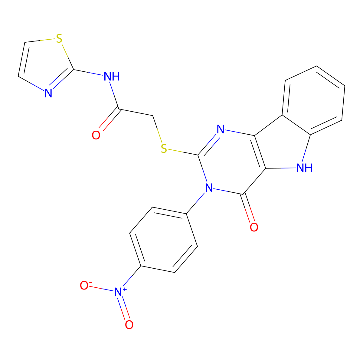 2-((3-(4-nitrophenyl)-4-oxo-4,5-dihydro-3H-pyrimido[5,4-b]indol-2-yl)thio)-N-(thiazol-2-yl)acetamide molecular structure, CAS 536717-00-7
