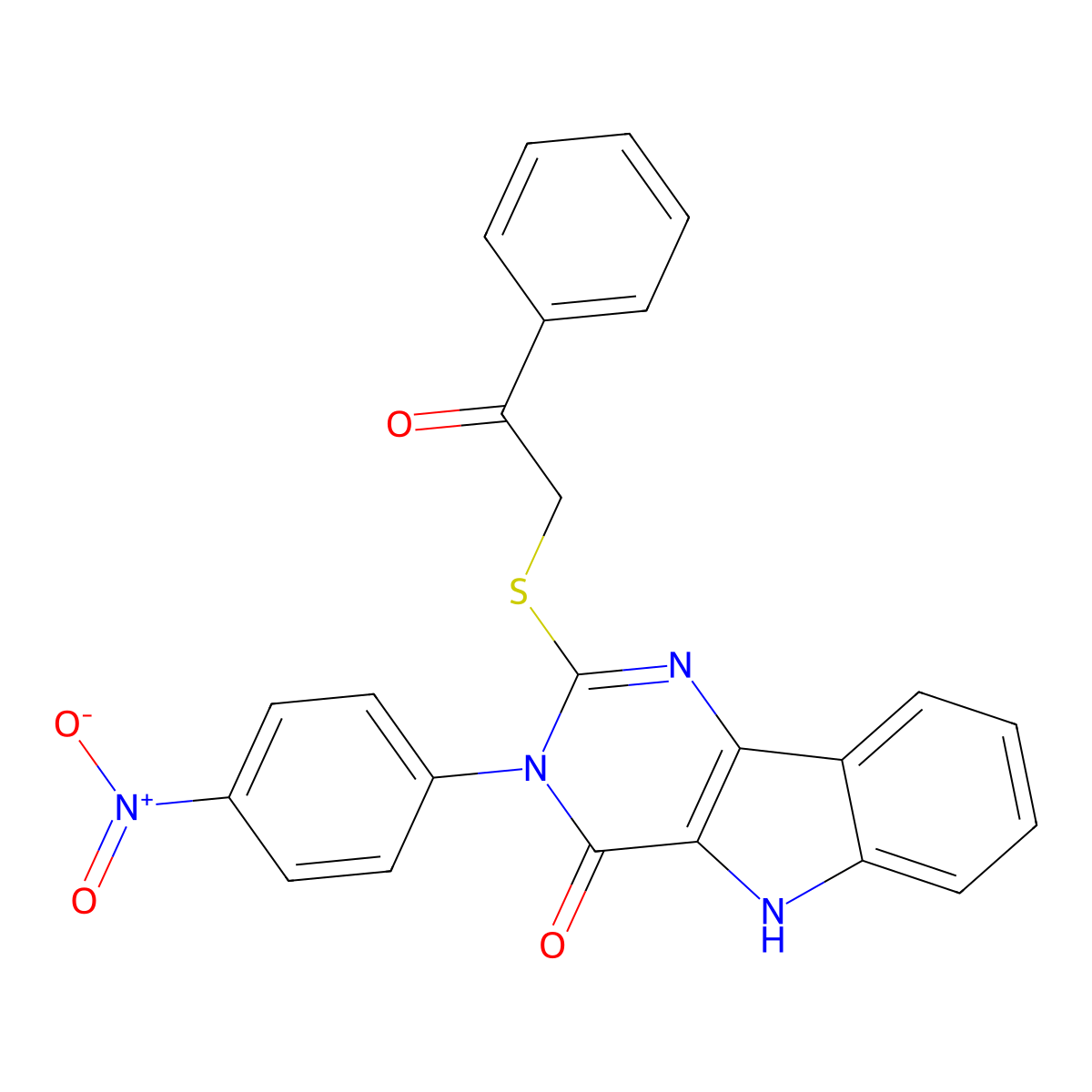 3-(4-nitrophenyl)-2-phenacylsulfanyl-5H-pyrimido[5,4-b]indol-4-one molecular structure, CAS 536718-04-4