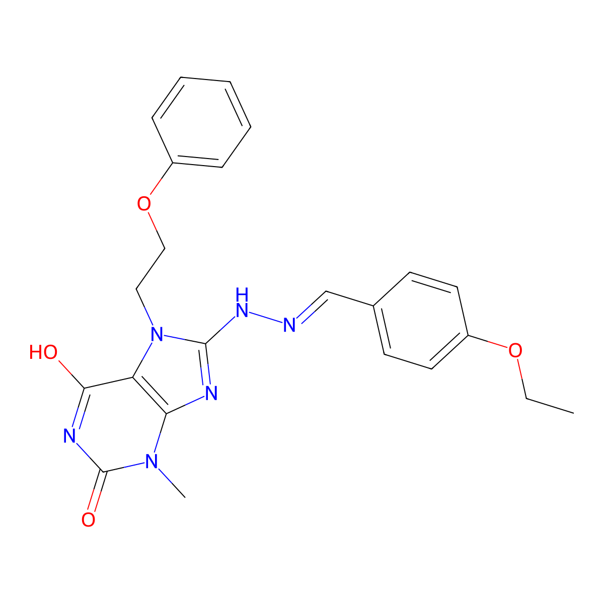 4-Ethoxybenzaldehyde 2-[2,3,6,7-tetrahydro-3-methyl-2,6-dioxo-7-(2-phenoxyethyl)-1H-purin-8-yl]hydrazone molecular structure, CAS 536718-31-7