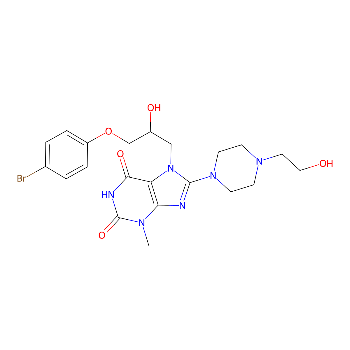 7-(3-(4-bromophenoxy)-2-hydroxypropyl)-8-(4-(2-hydroxyethyl)piperazin-1-yl)-3-methyl-1H-purine-2,6(3H,7H)-dione molecular structure, CAS 536719-04-7