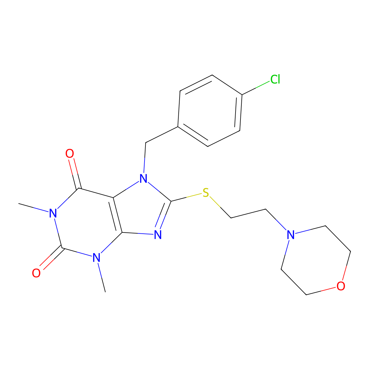 7-(4-chlorobenzyl)-1,3-dimethyl-8-((2-morpholinoethyl)thio)-1H-purine-2,6(3H,7H)-dione molecular structure, CAS 536719-39-8