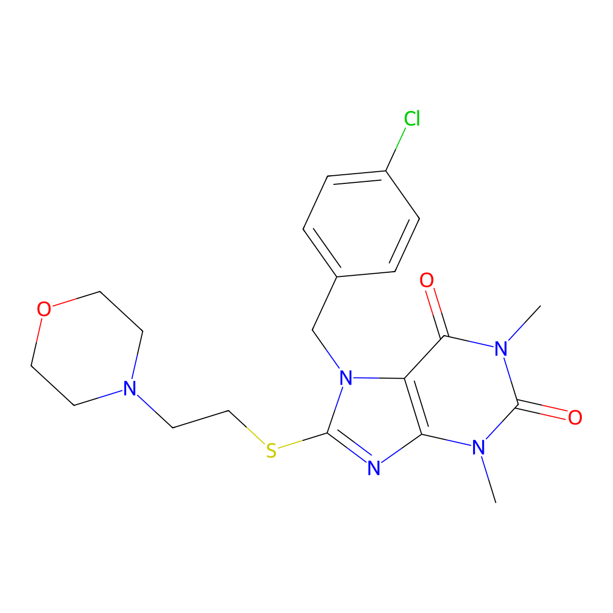 7-(4-chlorobenzyl)-1,3-dimethyl-8-((2-morpholinoethyl)thio)-1H-purine-2,6(3H,7H)-dione molecular structure, CAS 536719-39-8