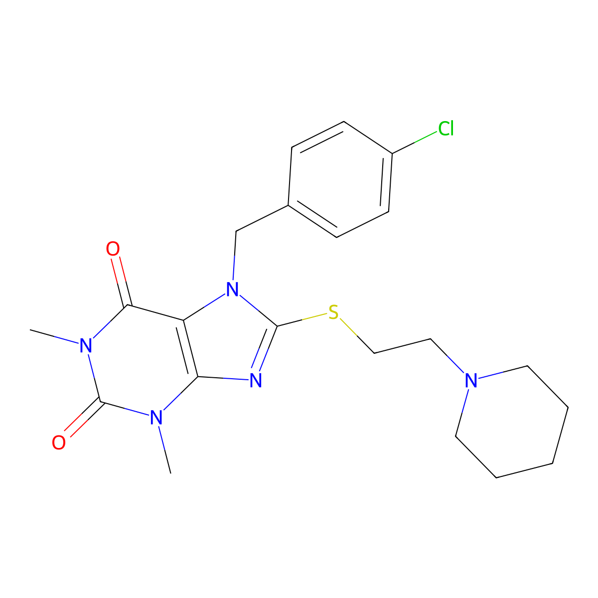7-(4-chlorobenzyl)-1,3-dimethyl-8-((2-(piperidin-1-yl)ethyl)thio)-1H-purine-2,6(3H,7H)-dione molecular structure, CAS 536719-40-1