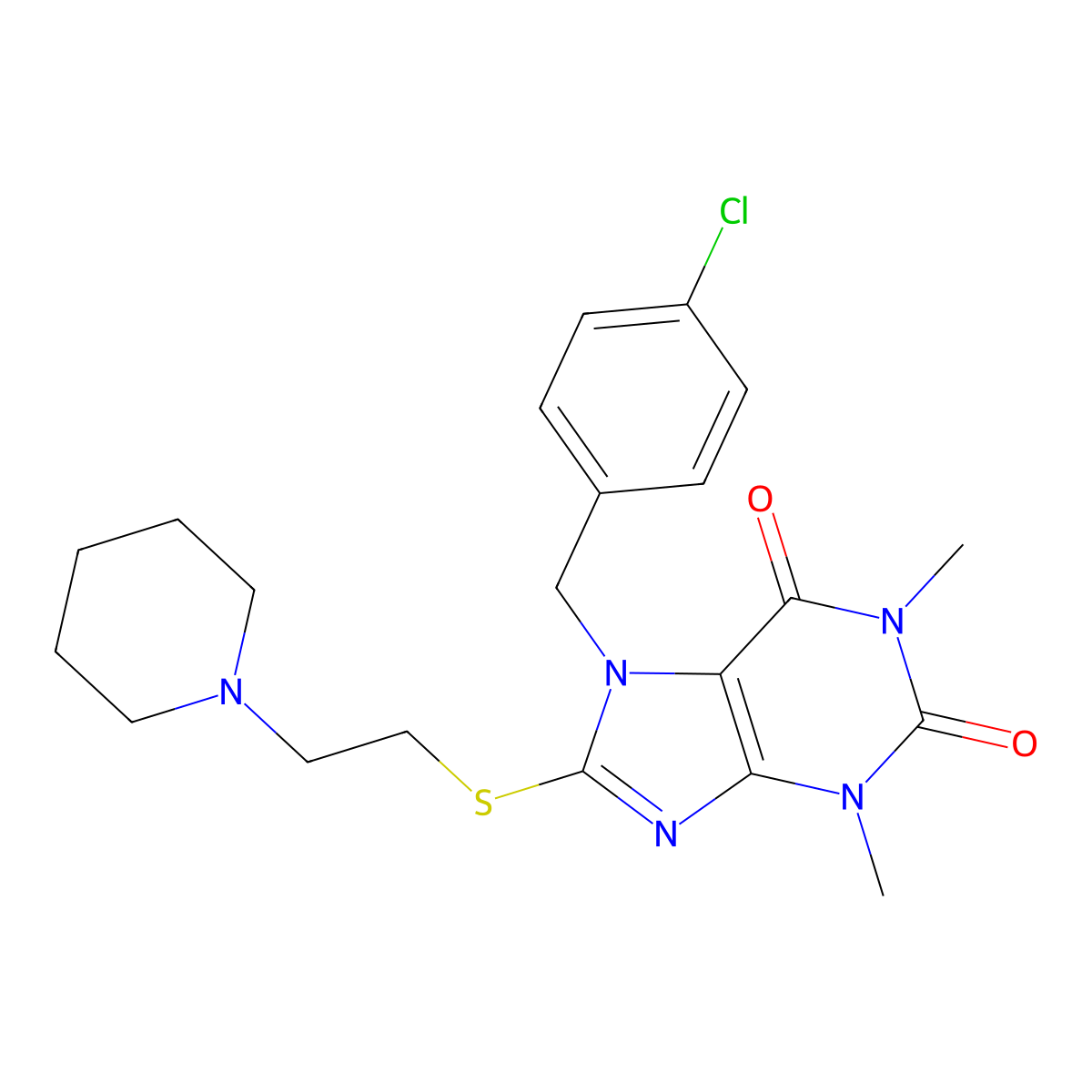 7-(4-chlorobenzyl)-1,3-dimethyl-8-((2-(piperidin-1-yl)ethyl)thio)-1H-purine-2,6(3H,7H)-dione molecular structure, CAS 536719-40-1