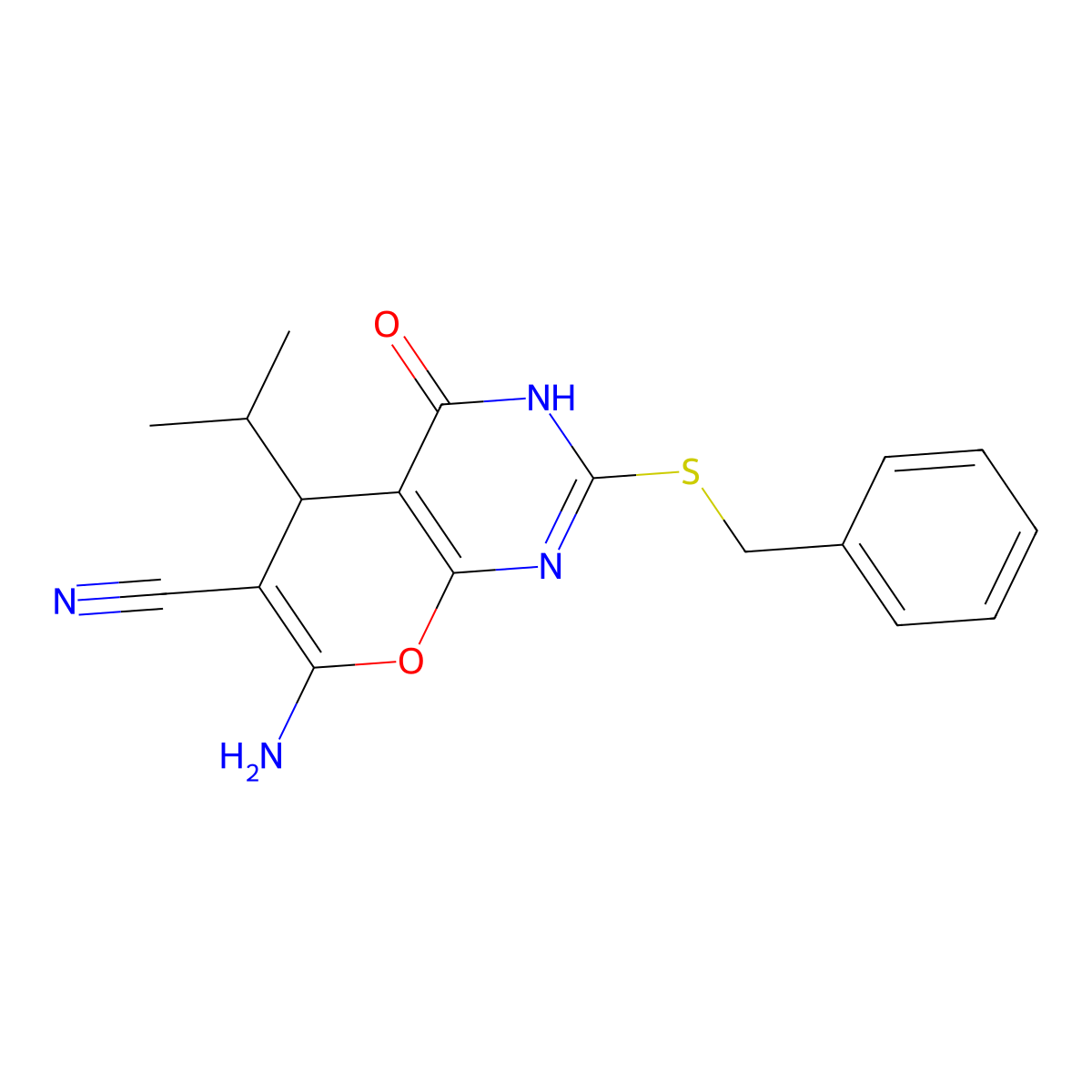 7-Amino-2-benzylsulfanyl-4-oxo-5-propan-2-yl-3,5-dihydropyrano[2,3-d]pyrimidine-6-carbonitrile molecular structure, CAS 536719-76-3