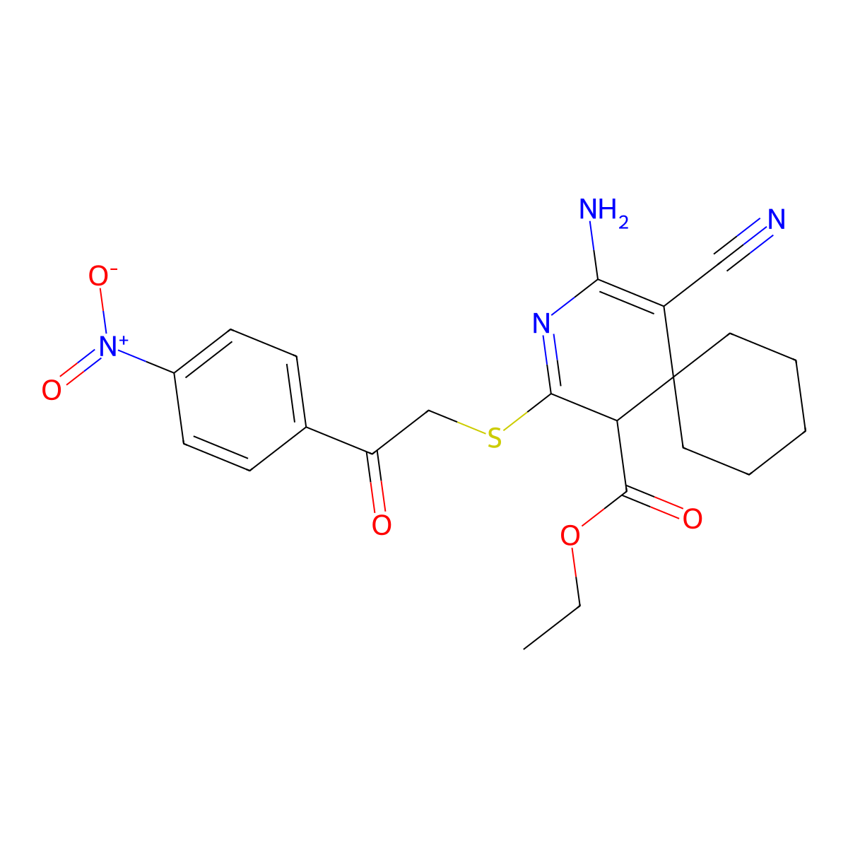 Ethyl 4-amino-5-cyano-2-[[2-(4-nitrophenyl)-2-oxoethyl]thio]-3-azaspiro[5.5]undeca-2,4-diene-1-carboxylate molecular structure, CAS 536720-00-0