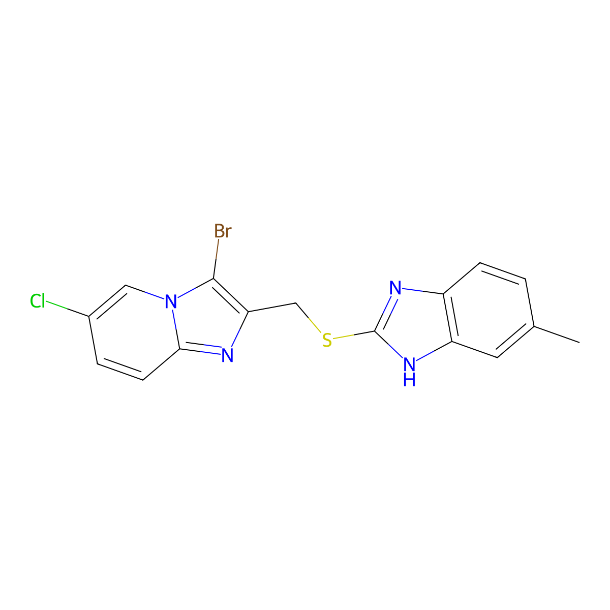 2-(((3-bromo-6-chloroimidazo[1,2-a]pyridin-2-yl)methyl)thio)-5-methyl-1H-benzo[d]imidazole molecular structure, CAS 536720-62-4