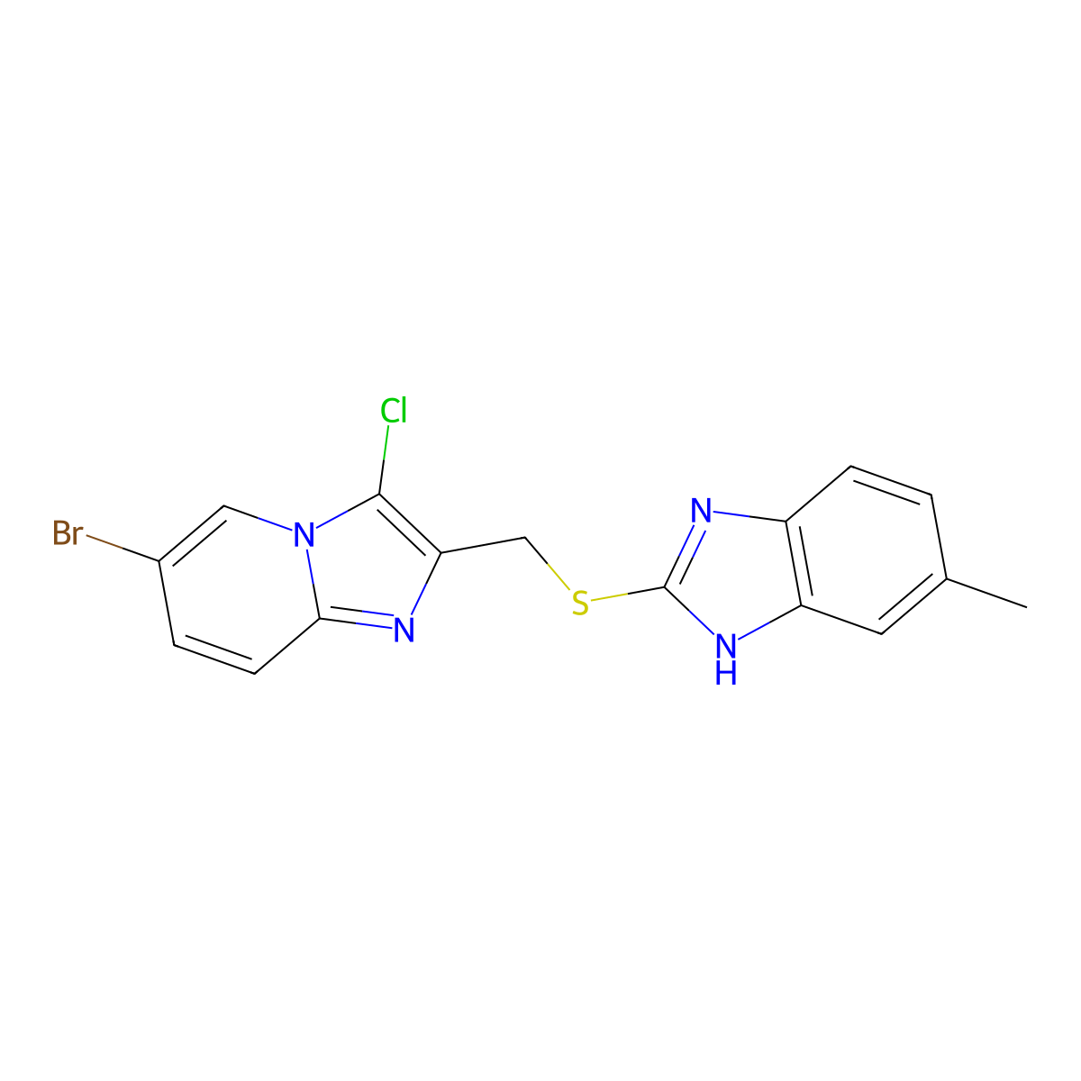 2-(((6-bromo-3-chloroimidazo[1,2-a]pyridin-2-yl)methyl)thio)-5-methyl-1H-benzo[d]imidazole molecular structure, CAS 536720-67-9