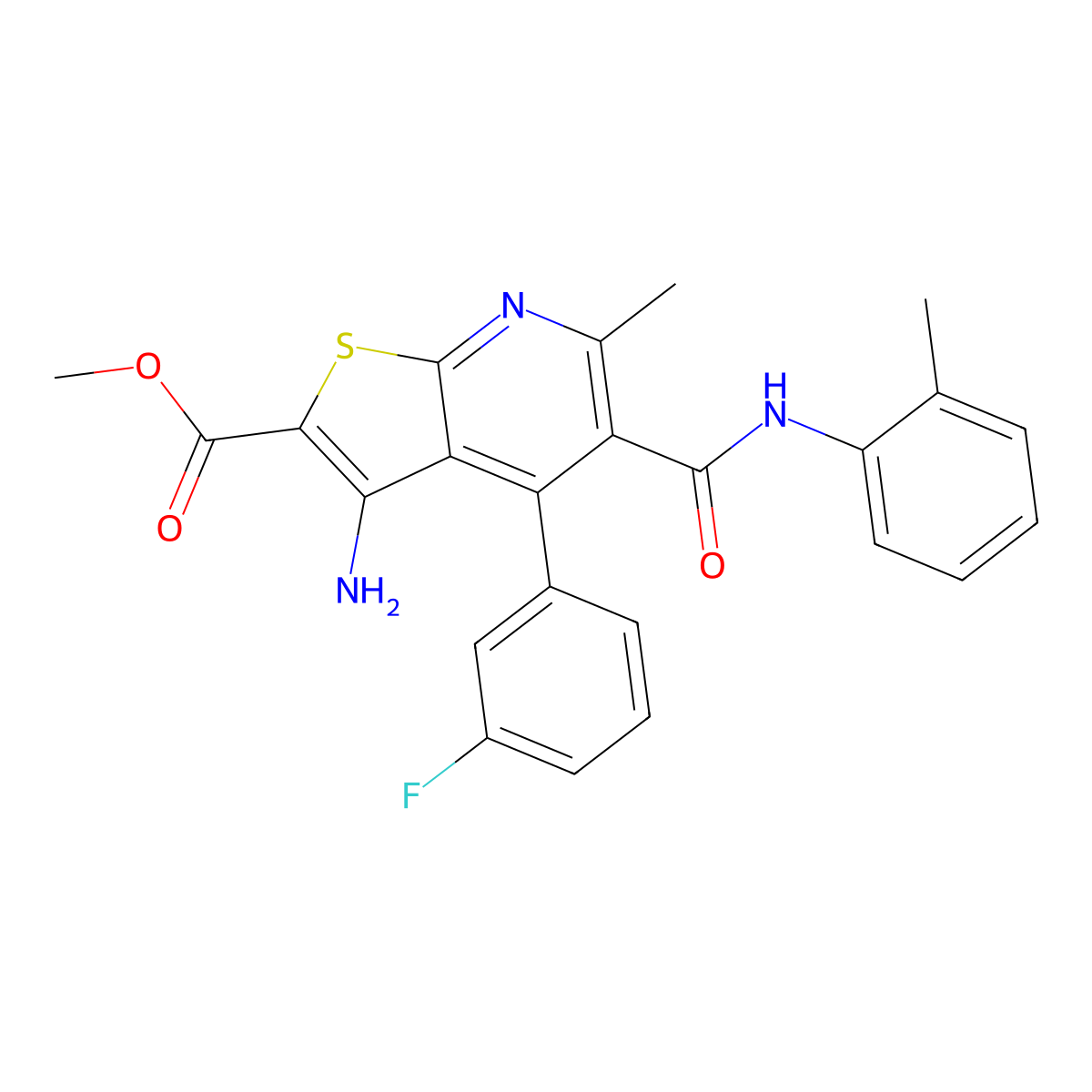 Methyl 3-amino-4-(3-fluorophenyl)-6-methyl-5-[(2-methylphenyl)carbamoyl]thieno[2,3-b]pyridine-2-carboxylate molecular structure, CAS 536721-20-7
