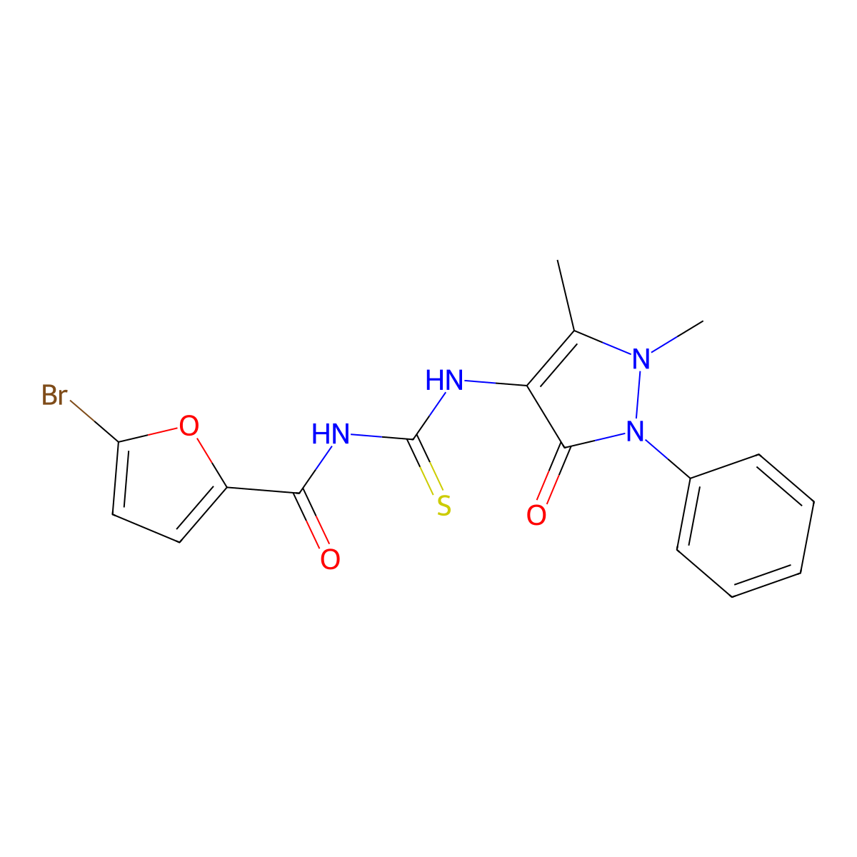5-bromo-N-((1,5-dimethyl-3-oxo-2-phenyl-2,3-dihydro-1H-pyrazol-4-yl)carbamothioyl)furan-2-carboxamide molecular structure, CAS 536722-76-6