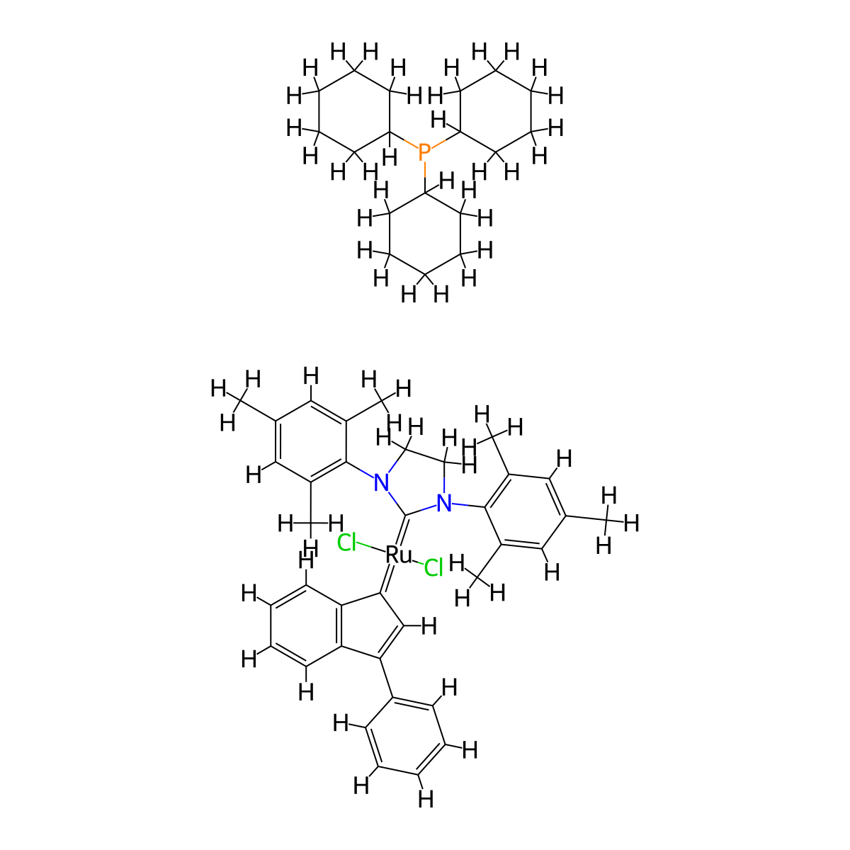 [1,3-Bis(2,4,6-trimethylphenyl)-2-imidazolidinylidene]dichloro-(3-phenyl-1H-inden-1-ylidene)(tricyclohexylphosphine)ruthenium(II) molecular structure, CAS 536724-67-1
