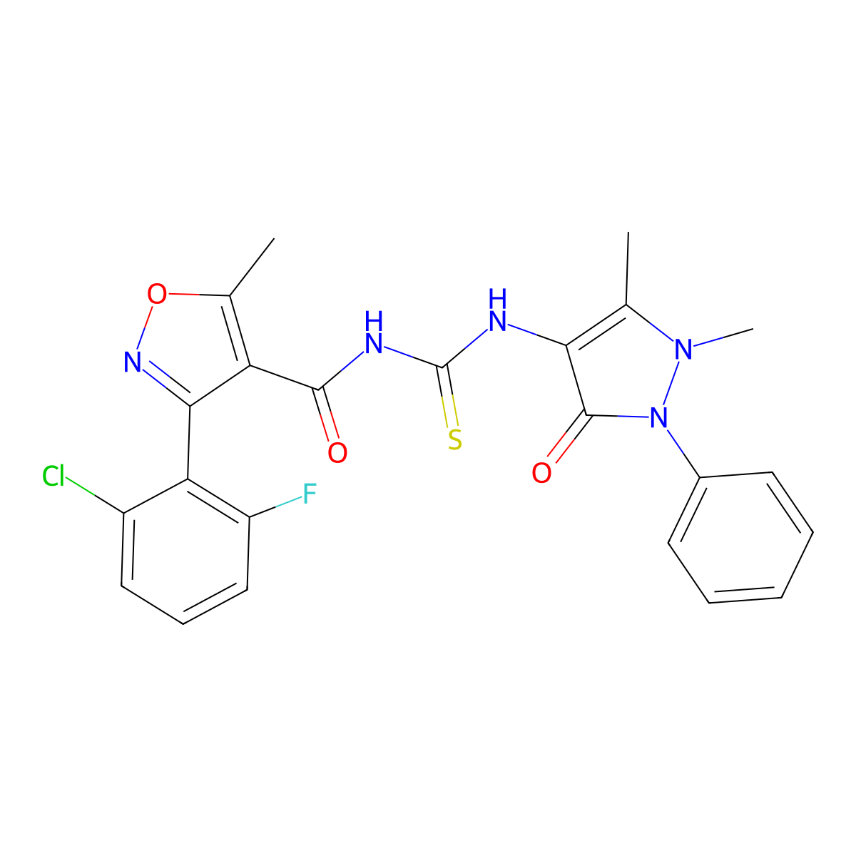 3-(2-chloro-6-fluorophenyl)-N-((1,5-dimethyl-3-oxo-2-phenyl-2,3-dihydro-1H-pyrazol-4-yl)carbamothioyl)-5-methylisoxazole-4-carboxamide molecular structure, CAS 536725-10-7