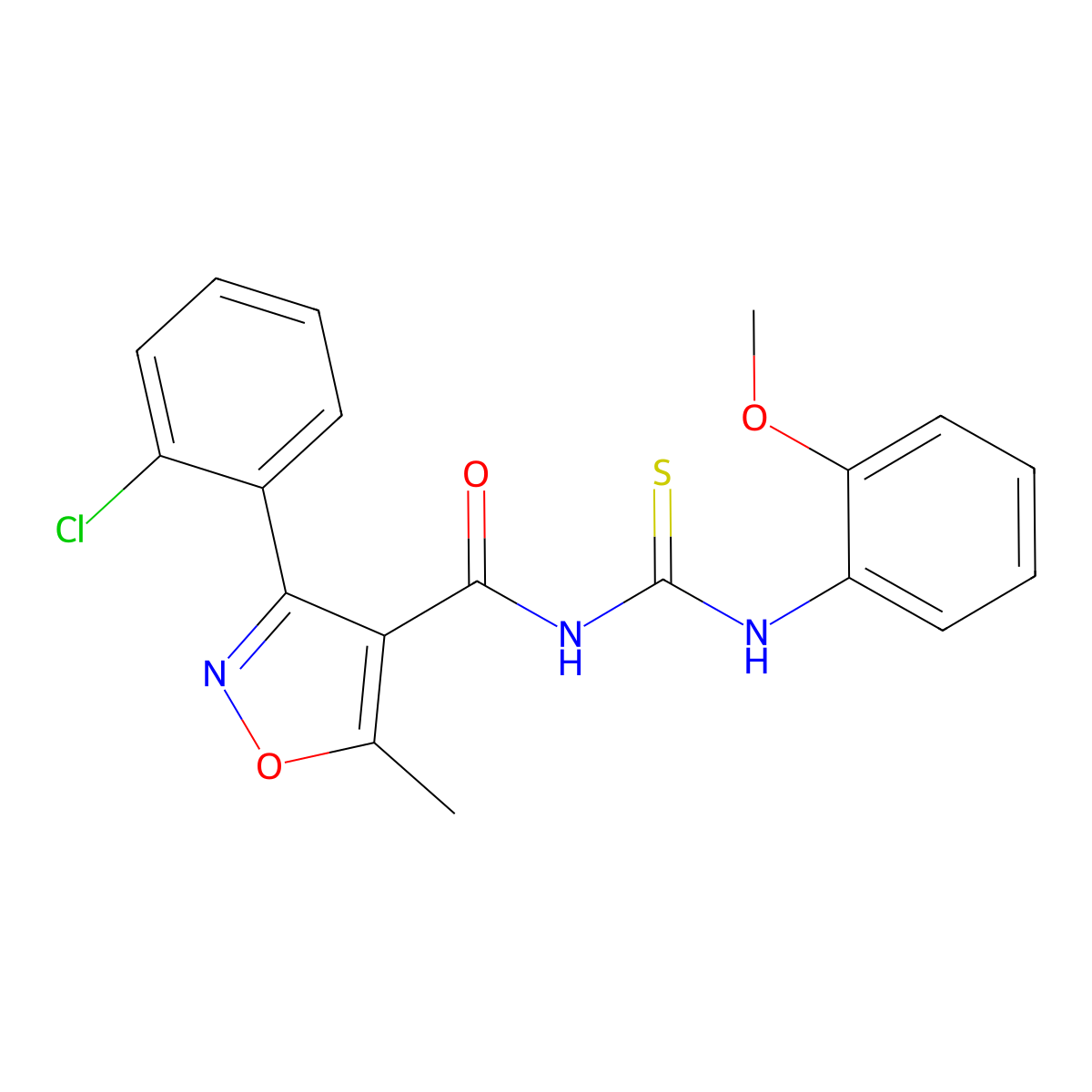 3-(2-chlorophenyl)-N-((2-methoxyphenyl)carbamothioyl)-5-methylisoxazole-4-carboxamide molecular structure, CAS 536725-57-2