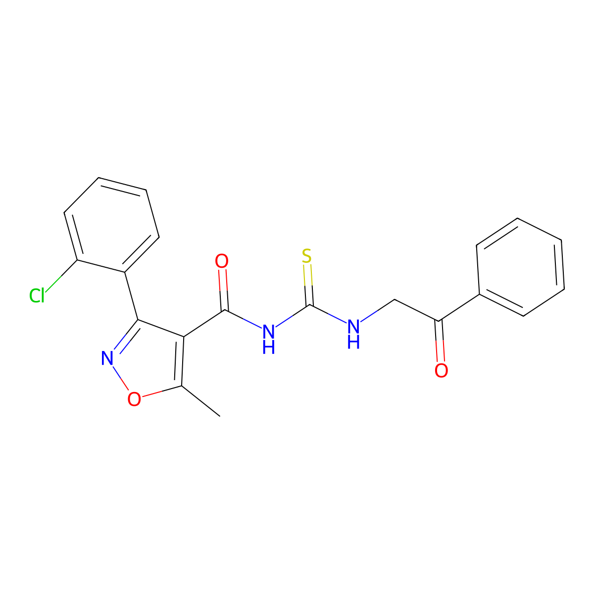 3-(2-chlorophenyl)-5-methyl-N-((2-oxo-2-phenylethyl)carbamothioyl)isoxazole-4-carboxamide molecular structure, CAS 536725-60-7
