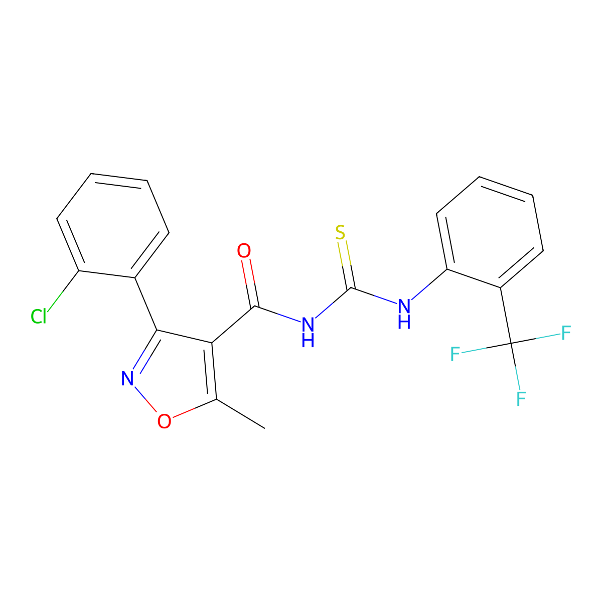 3-(2-chlorophenyl)-5-methyl-N-((2-(trifluoromethyl)phenyl)carbamothioyl)isoxazole-4-carboxamide molecular structure, CAS 536725-69-6