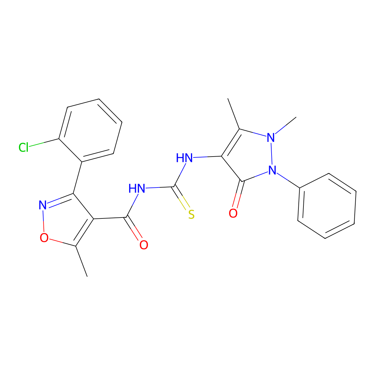 3-(2-chlorophenyl)-N-((1,5-dimethyl-3-oxo-2-phenyl-2,3-dihydro-1H-pyrazol-4-yl)carbamothioyl)-5-methylisoxazole-4-carboxamide molecular structure, CAS 536725-71-0