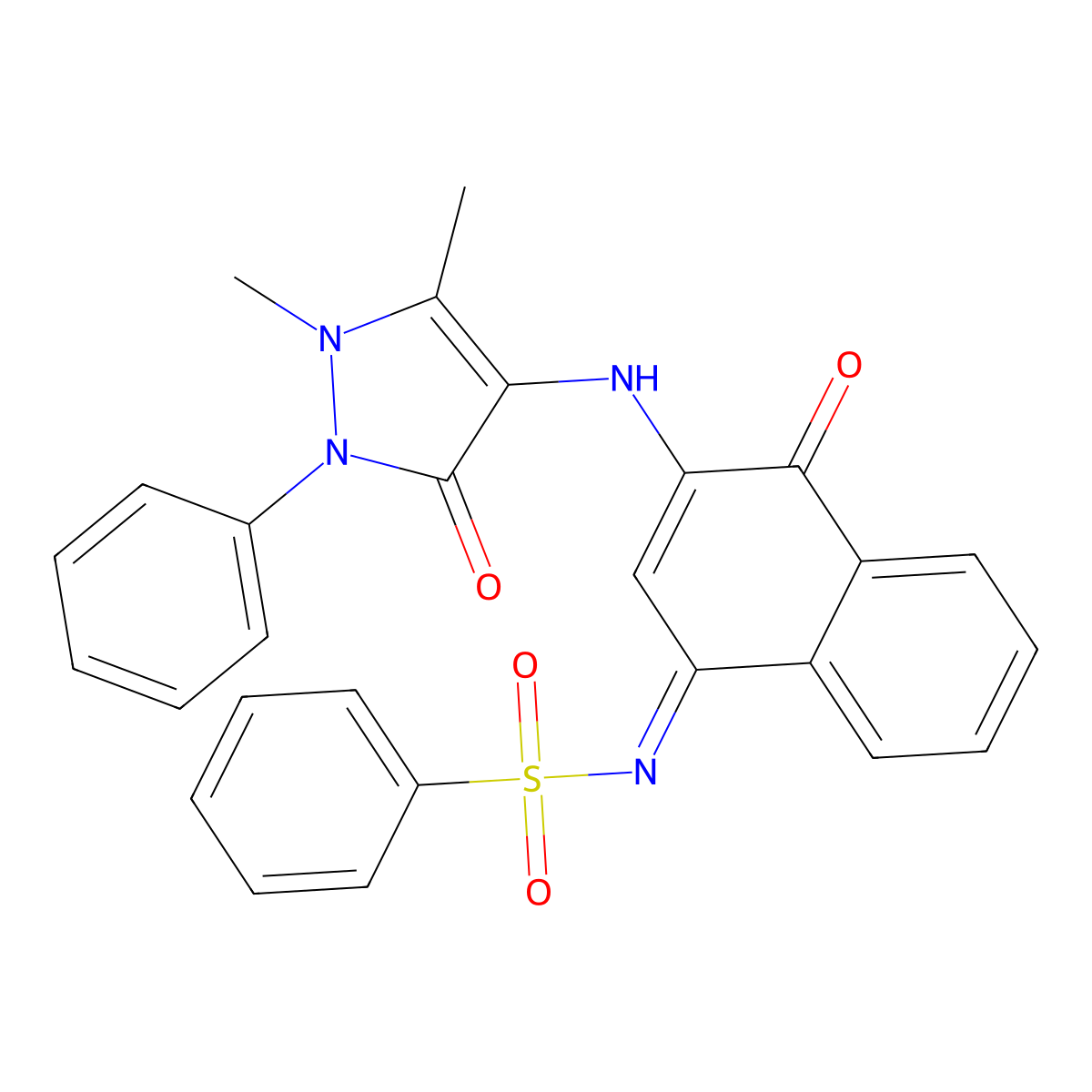 N-{3-[(1,5-Dimethyl-3-oxo-2-phenyl-2,3-dihydro-1H-pyrazol-4-yl)amino]-4-oxonaphthalen-1(4H)-ylidene}benzenesulfonamide molecular structure, CAS 5368-94-5