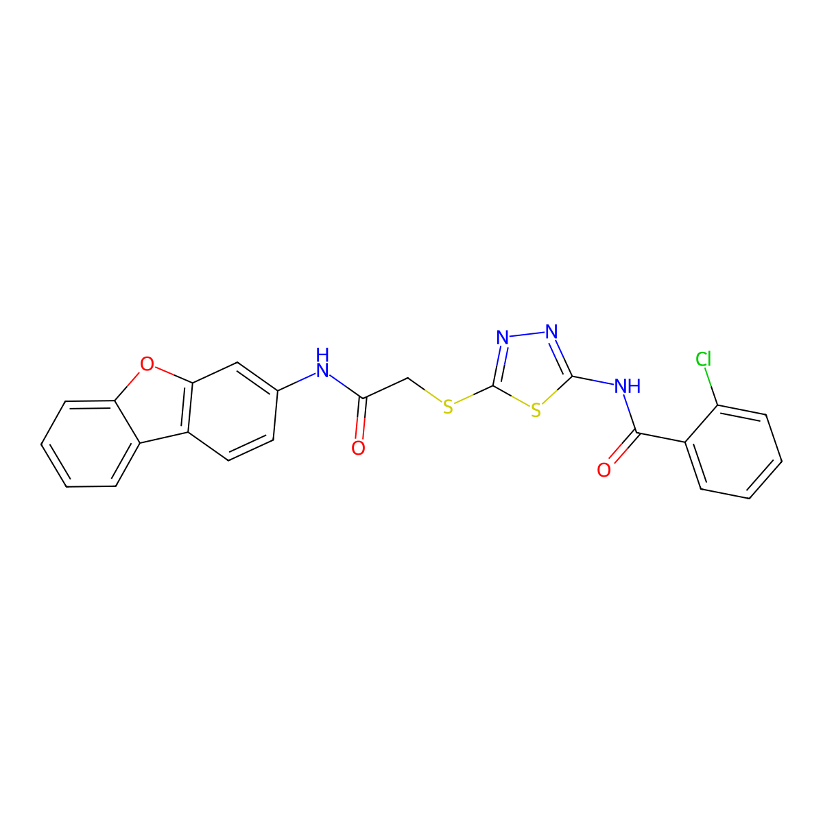 2-chloro-N-[5-[2-(dibenzofuran-3-ylamino)-2-oxoethyl]sulfanyl-1,3,4-thiadiazol-2-yl]benzamide molecular structure, CAS 536977-61-4