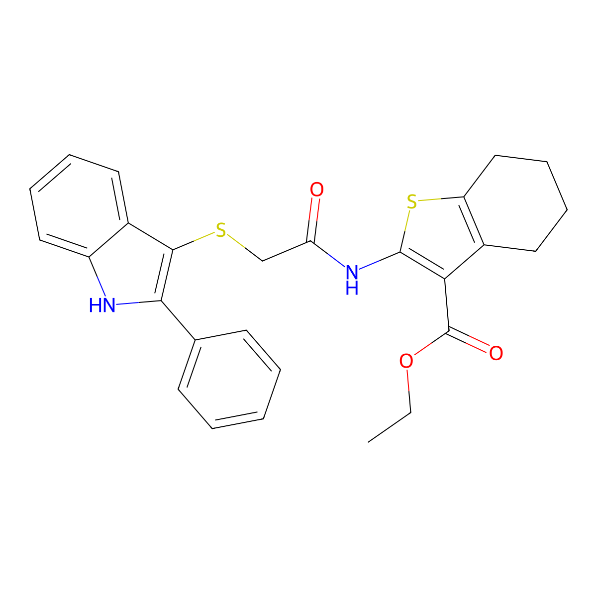 ethyl 2-(2-((2-phenyl-1H-indol-3-yl)thio)acetamido)-4,5,6,7-tetrahydrobenzo[b]thiophene-3-carboxylate molecular structure, CAS 536979-15-4