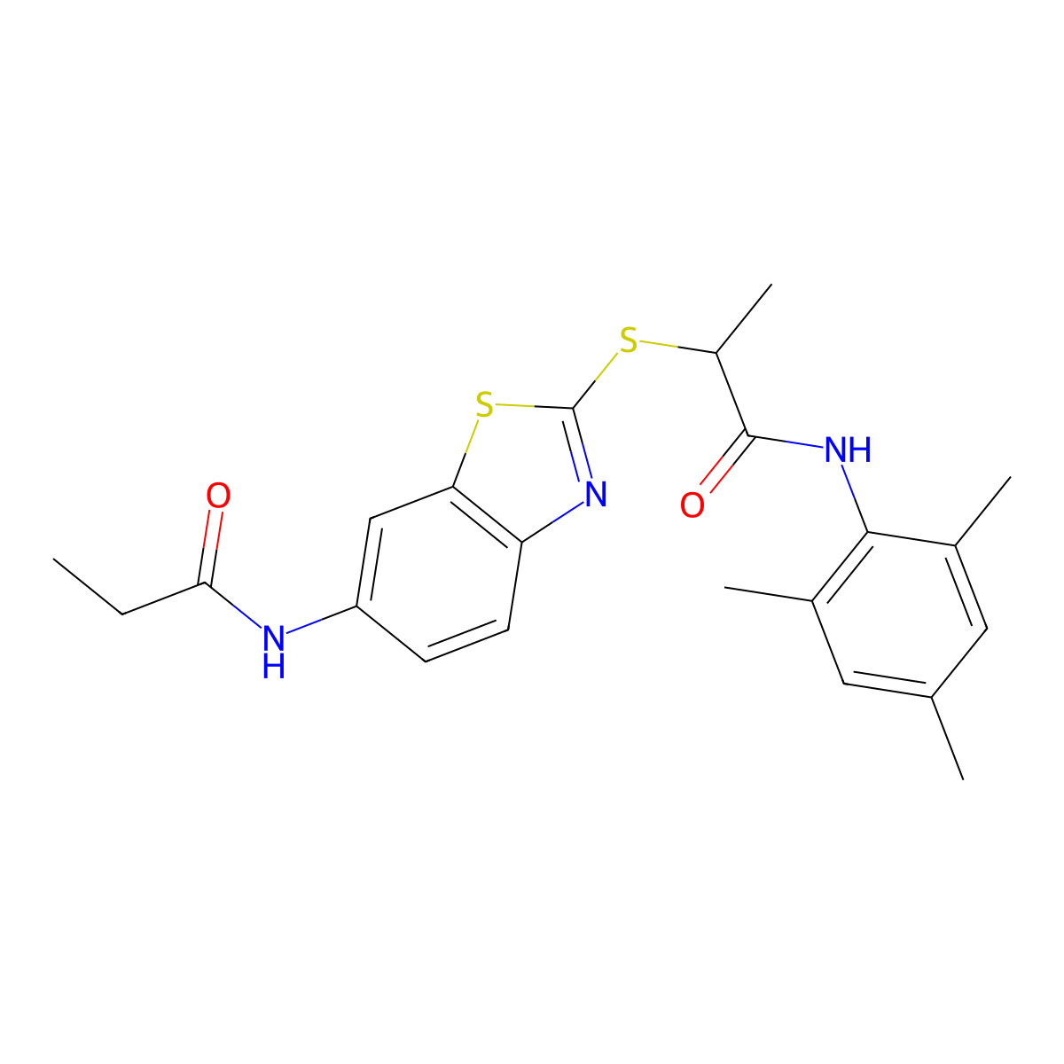 2-[[6-(propanoylamino)-1,3-benzothiazol-2-yl]sulfanyl]-N-(2,4,6-trimethylphenyl)propanamide molecular structure, CAS 536980-21-9