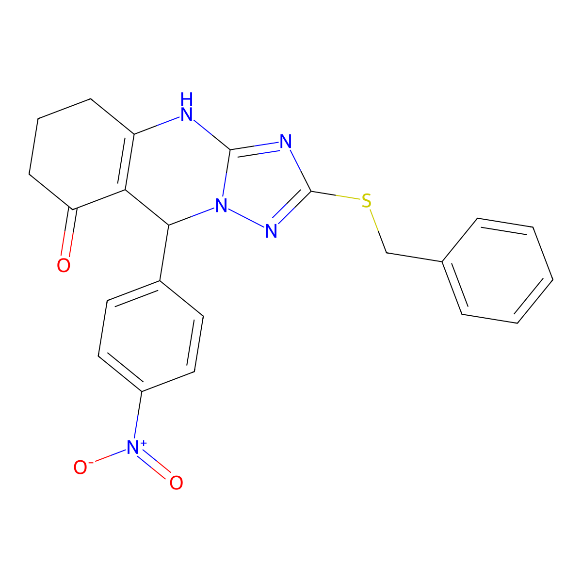 2-(benzylthio)-9-(4-nitrophenyl)-5,6,7,9-tetrahydro-[1,2,4]triazolo[5,1-b]quinazolin-8(4H)-one molecular structure, CAS 536980-89-9