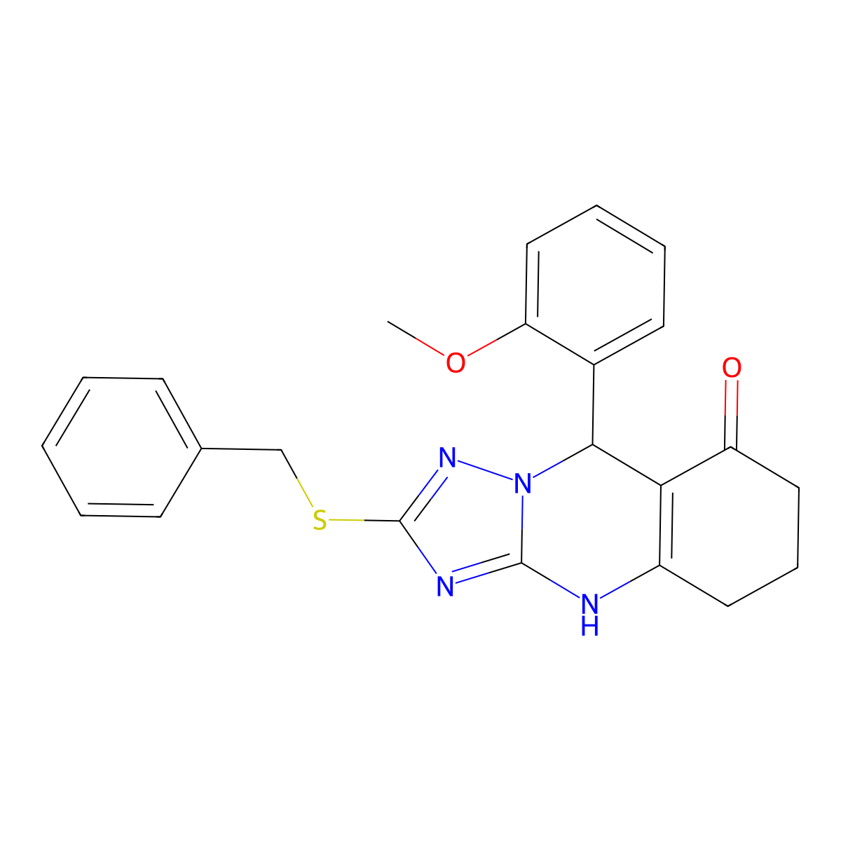 2-(benzylsulfanyl)-9-(2-methoxyphenyl)-5,6,7,9-tetrahydro[1,2,4]triazolo[5,1-b]quinazolin-8(4H)-one molecular structure, CAS 536980-94-6