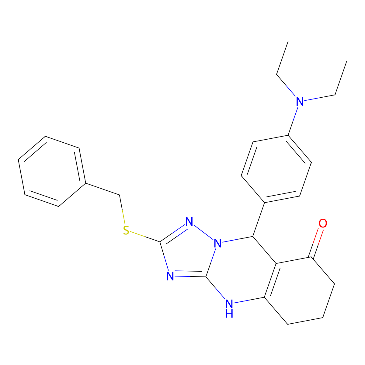 2-(benzylthio)-9-(4-(diethylamino)phenyl)-5,6,7,9-tetrahydro-[1,2,4]triazolo[5,1-b]quinazolin-8(4H)-one molecular structure, CAS 536981-07-4