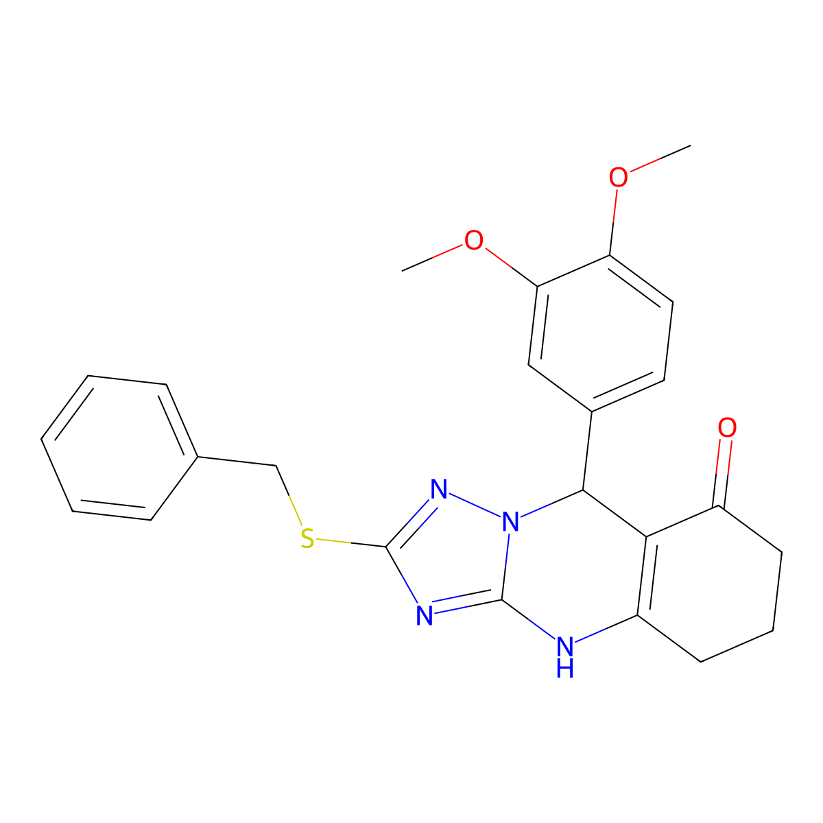 2-(benzylsulfanyl)-9-(3,4-dimethoxyphenyl)-5,6,7,9-tetrahydro[1,2,4]triazolo[5,1-b]quinazolin-8(4H)-one molecular structure, CAS 536981-09-6