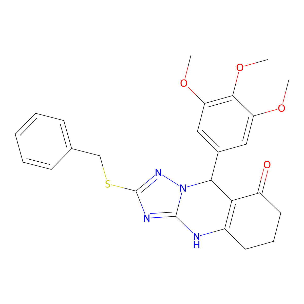 2-(benzylsulfanyl)-9-(3,4,5-trimethoxyphenyl)-5,6,7,9-tetrahydro[1,2,4]triazolo[5,1-b]quinazolin-8(4H)-one molecular structure, CAS 536981-11-0