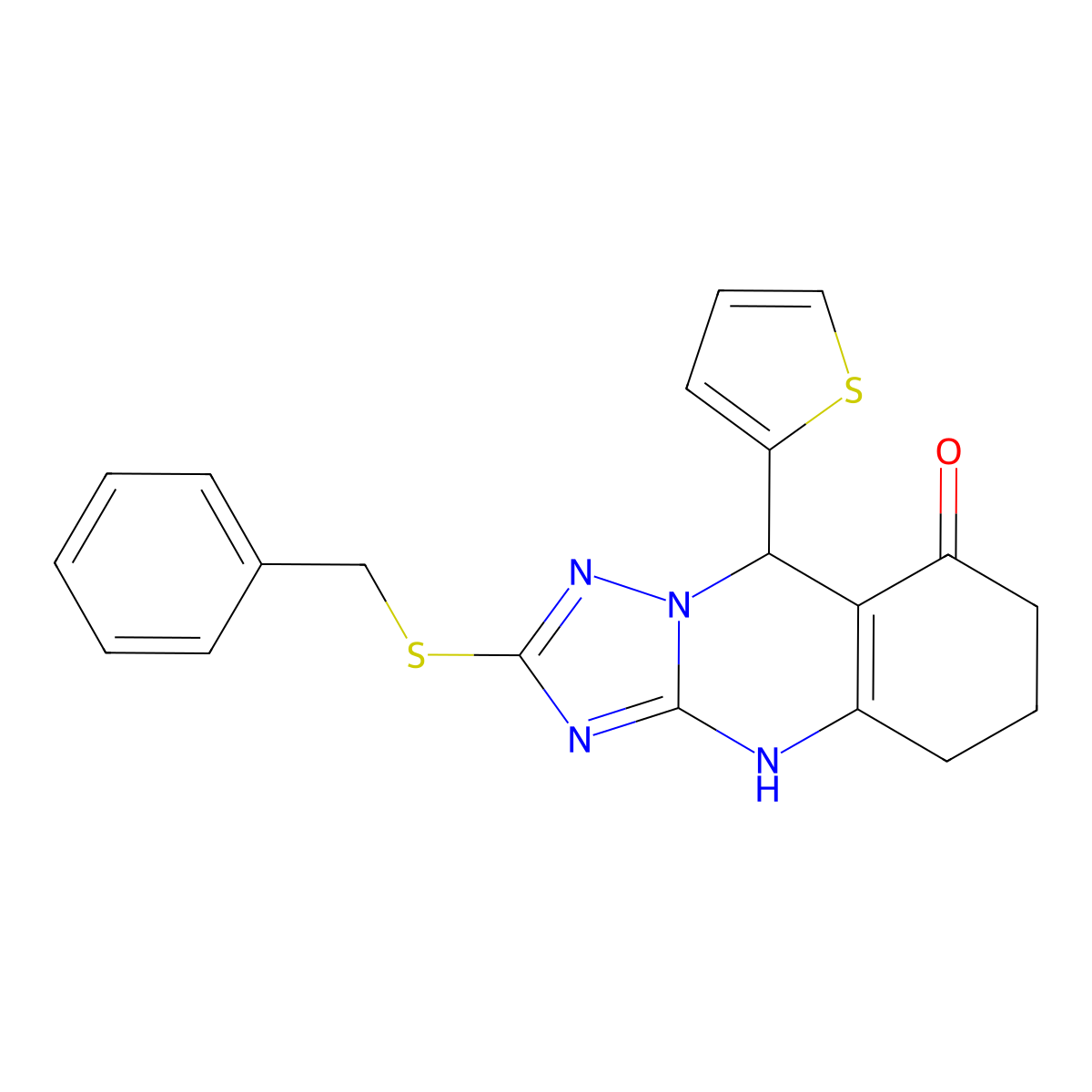 2-(benzylsulfanyl)-9-(thiophen-2-yl)-5,6,7,9-tetrahydro[1,2,4]triazolo[5,1-b]quinazolin-8(4H)-one molecular structure, CAS 536981-14-3