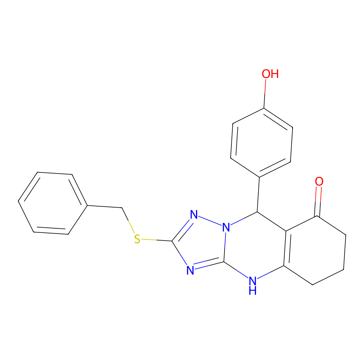 2-(benzylsulfanyl)-9-(4-hydroxyphenyl)-5,6,7,9-tetrahydro[1,2,4]triazolo[5,1-b]quinazolin-8(4H)-one molecular structure, CAS 536981-23-4