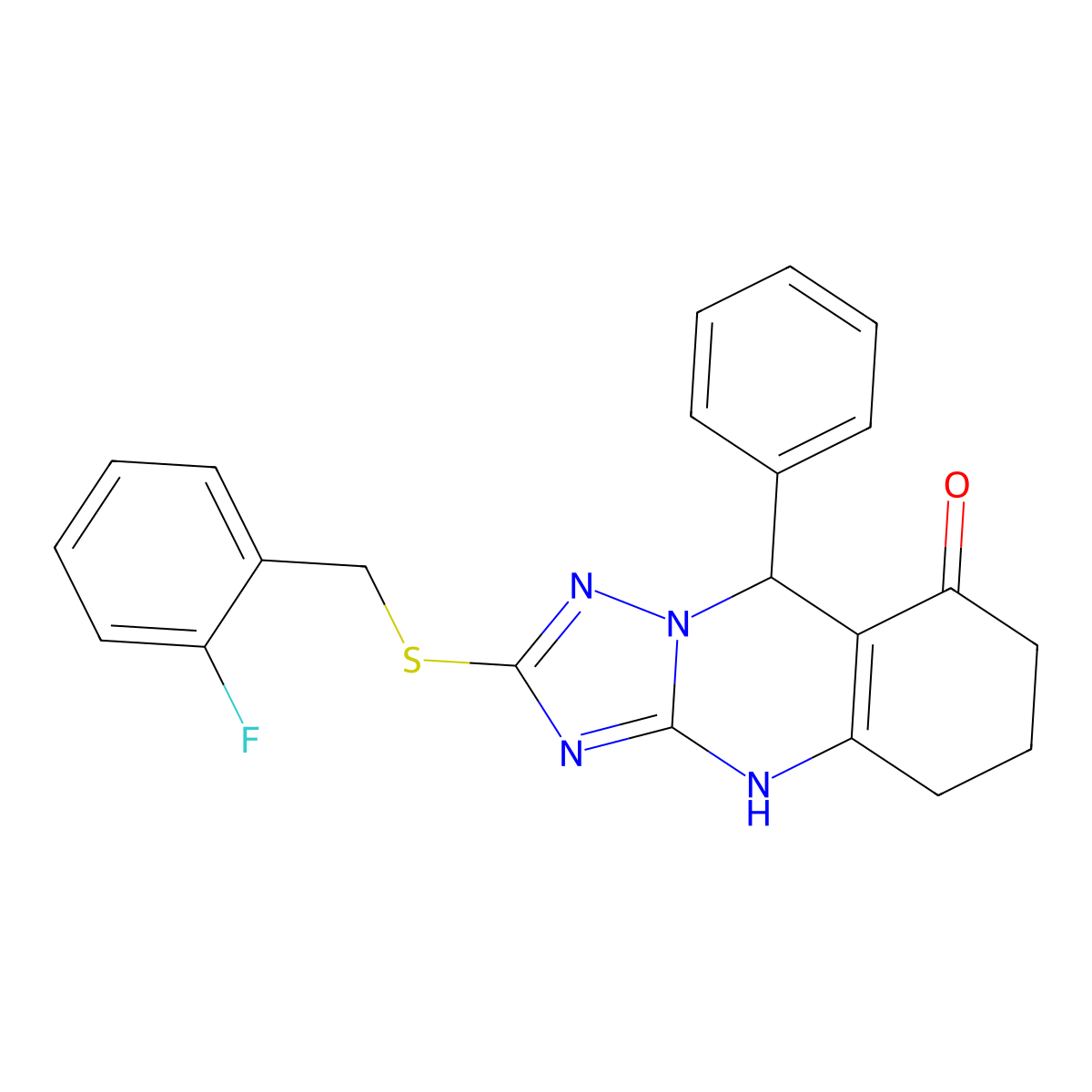 2-((2-fluorobenzyl)thio)-9-phenyl-5,6,7,9-tetrahydro-[1,2,4]triazolo[5,1-b]quinazolin-8(4H)-one molecular structure, CAS 536981-77-8