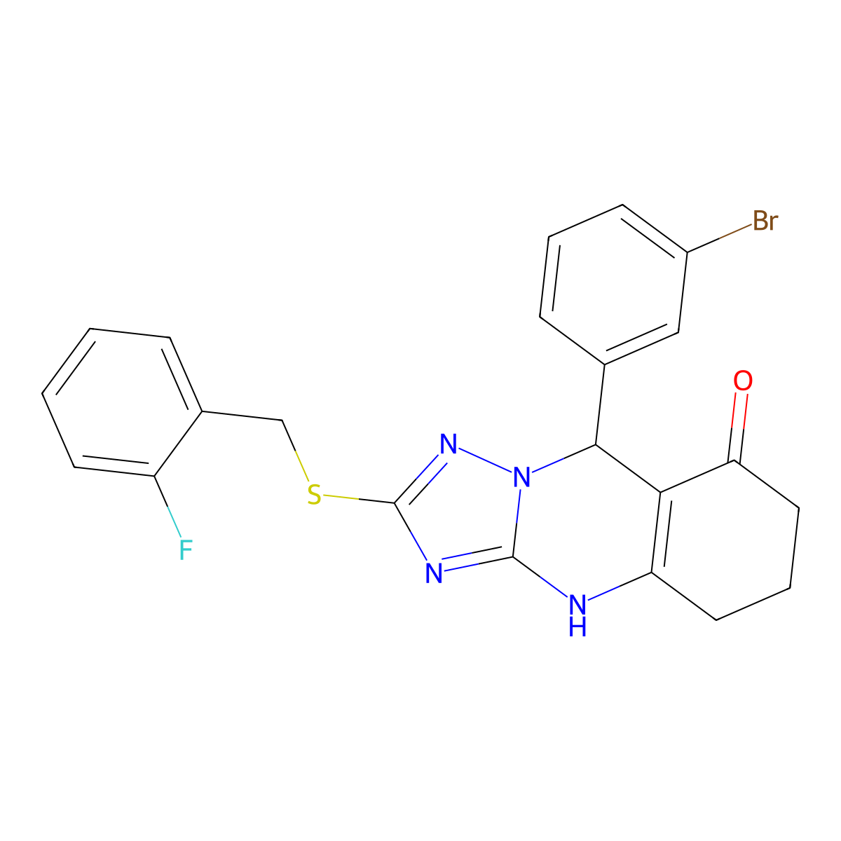 9-(3-bromophenyl)-2-((2-fluorobenzyl)thio)-5,6,7,9-tetrahydro-[1,2,4]triazolo[5,1-b]quinazolin-8(4H)-one molecular structure, CAS 536981-88-1