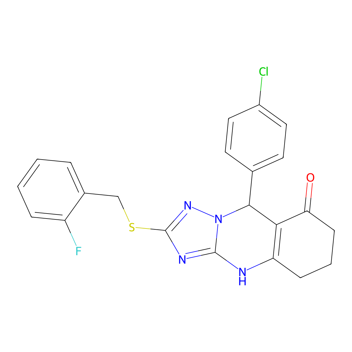 9-(4-chlorophenyl)-2-((2-fluorobenzyl)thio)-5,6,7,9-tetrahydro-[1,2,4]triazolo[5,1-b]quinazolin-8(4H)-one molecular structure, CAS 536981-91-6