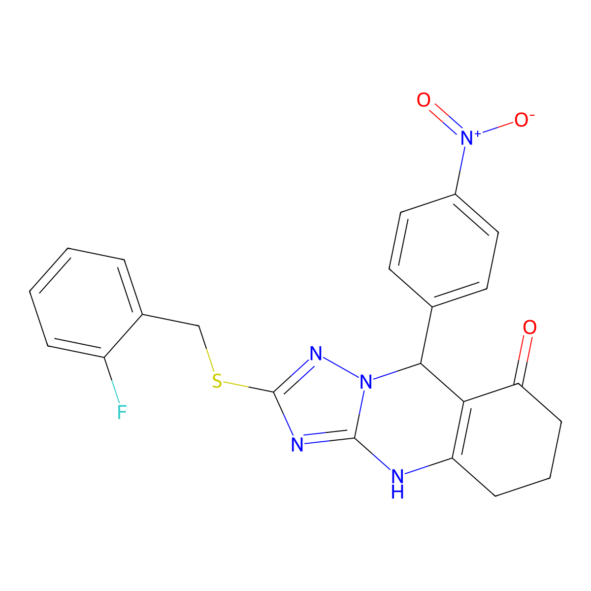 2-{[(2-fluorophenyl)methyl]sulfanyl}-9-(4-nitrophenyl)-4H,5H,6H,7H,8H,9H-[1,2,4]triazolo[3,2-b]quinazolin-8-one molecular structure, CAS 536981-94-9