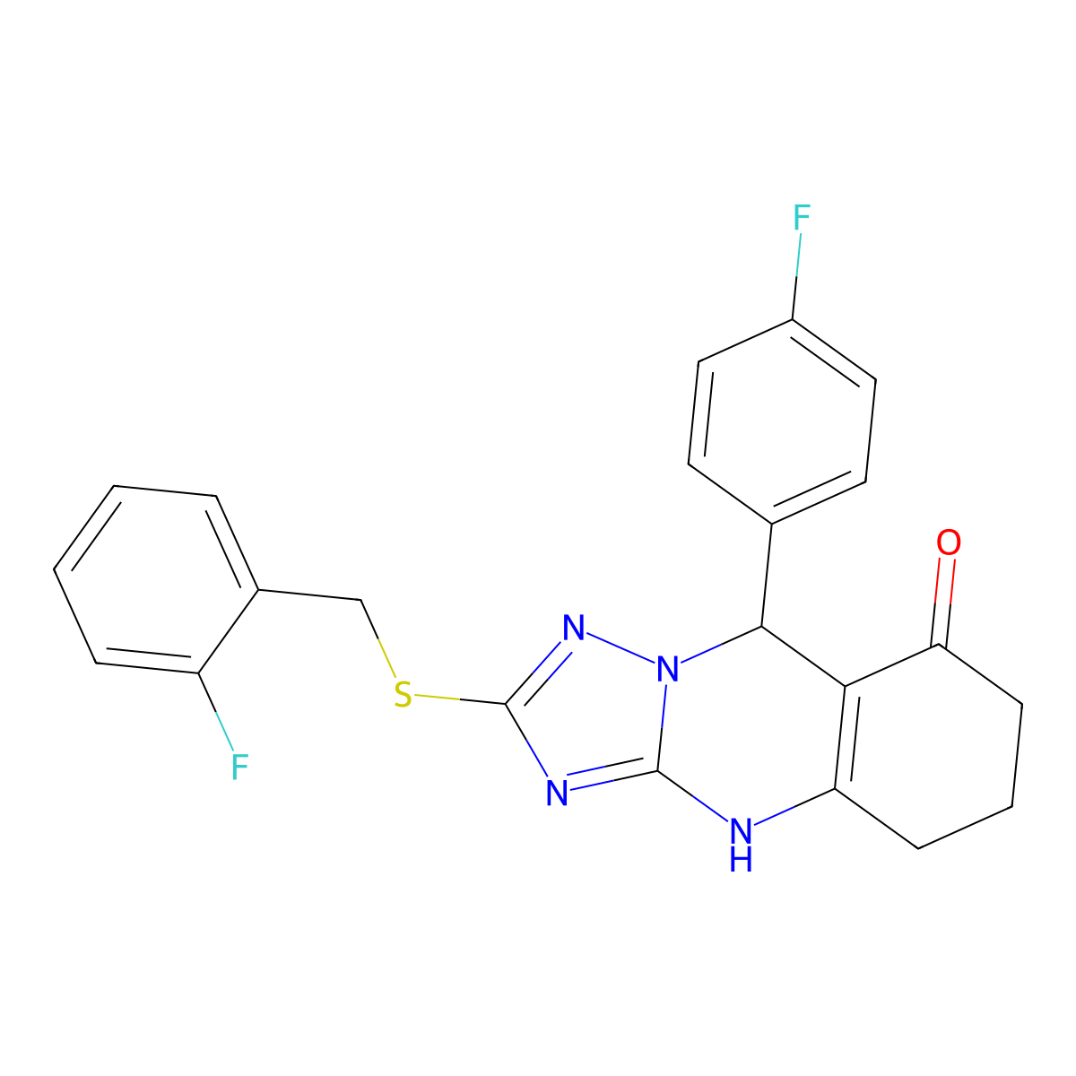 2-((2-fluorobenzyl)thio)-9-(4-fluorophenyl)-5,6,7,9-tetrahydro-[1,2,4]triazolo[5,1-b]quinazolin-8(4H)-one molecular structure, CAS 536982-00-0