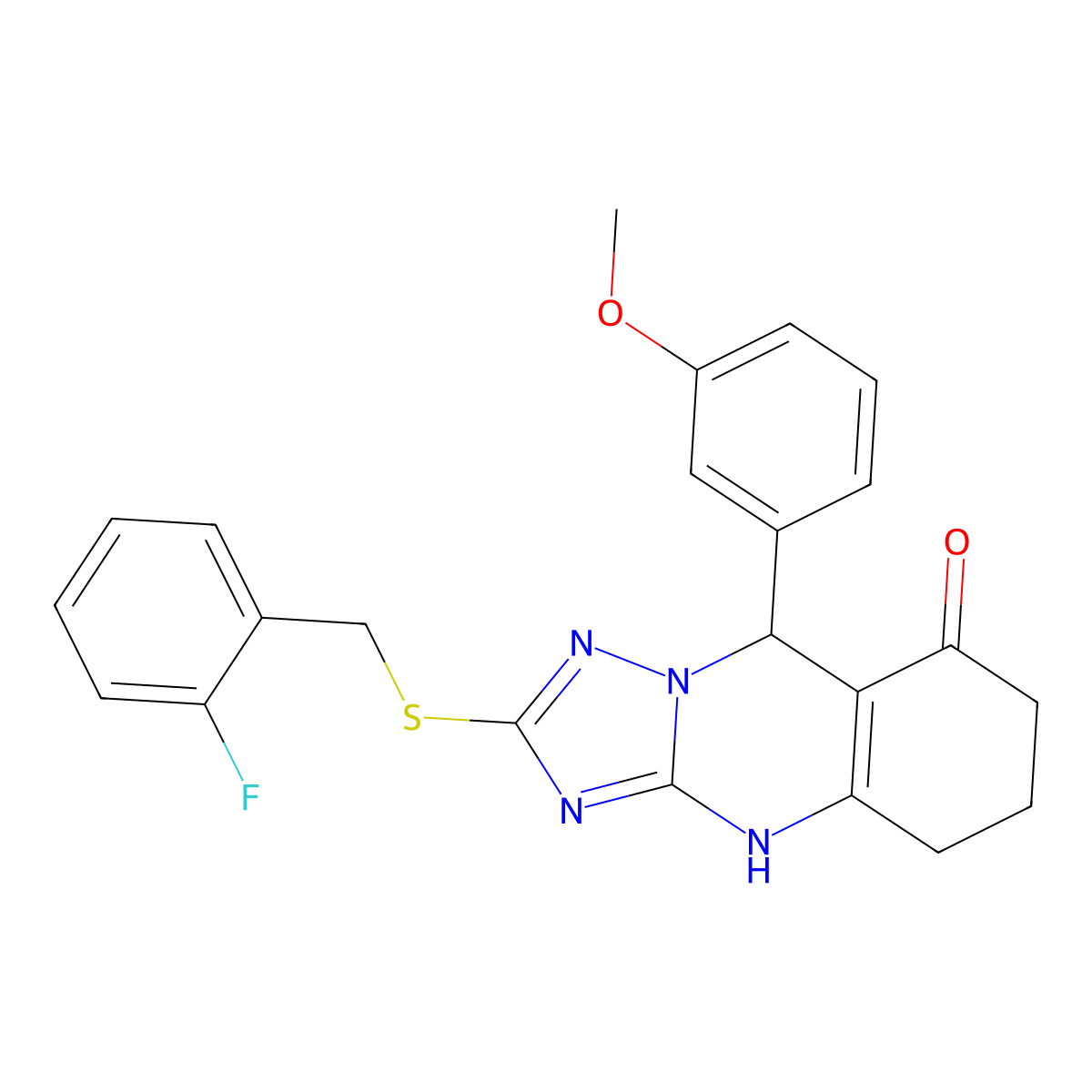 2-((2-fluorobenzyl)thio)-9-(3-methoxyphenyl)-5,6,7,9-tetrahydro-[1,2,4]triazolo[5,1-b]quinazolin-8(4H)-one molecular structure, CAS 536982-06-6