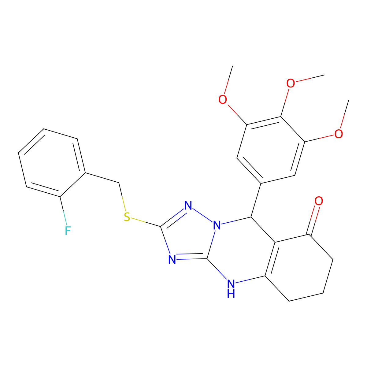 2-((2-fluorobenzyl)thio)-9-(3,4,5-trimethoxyphenyl)-5,6,7,9-tetrahydro-[1,2,4]triazolo[5,1-b]quinazolin-8(4H)-one molecular structure, CAS 536982-29-3