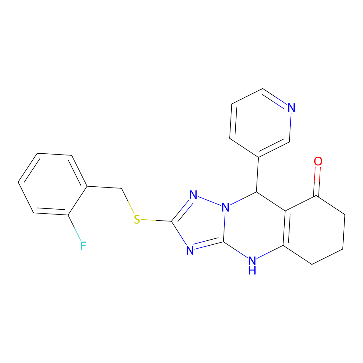 2-[(2-fluorobenzyl)thio]-9-pyridin-3-yl-5,6,7,9-tetrahydro[1,2,4]triazolo[5,1-b]quinazolin-8(4H)-one molecular structure, CAS 536982-38-4