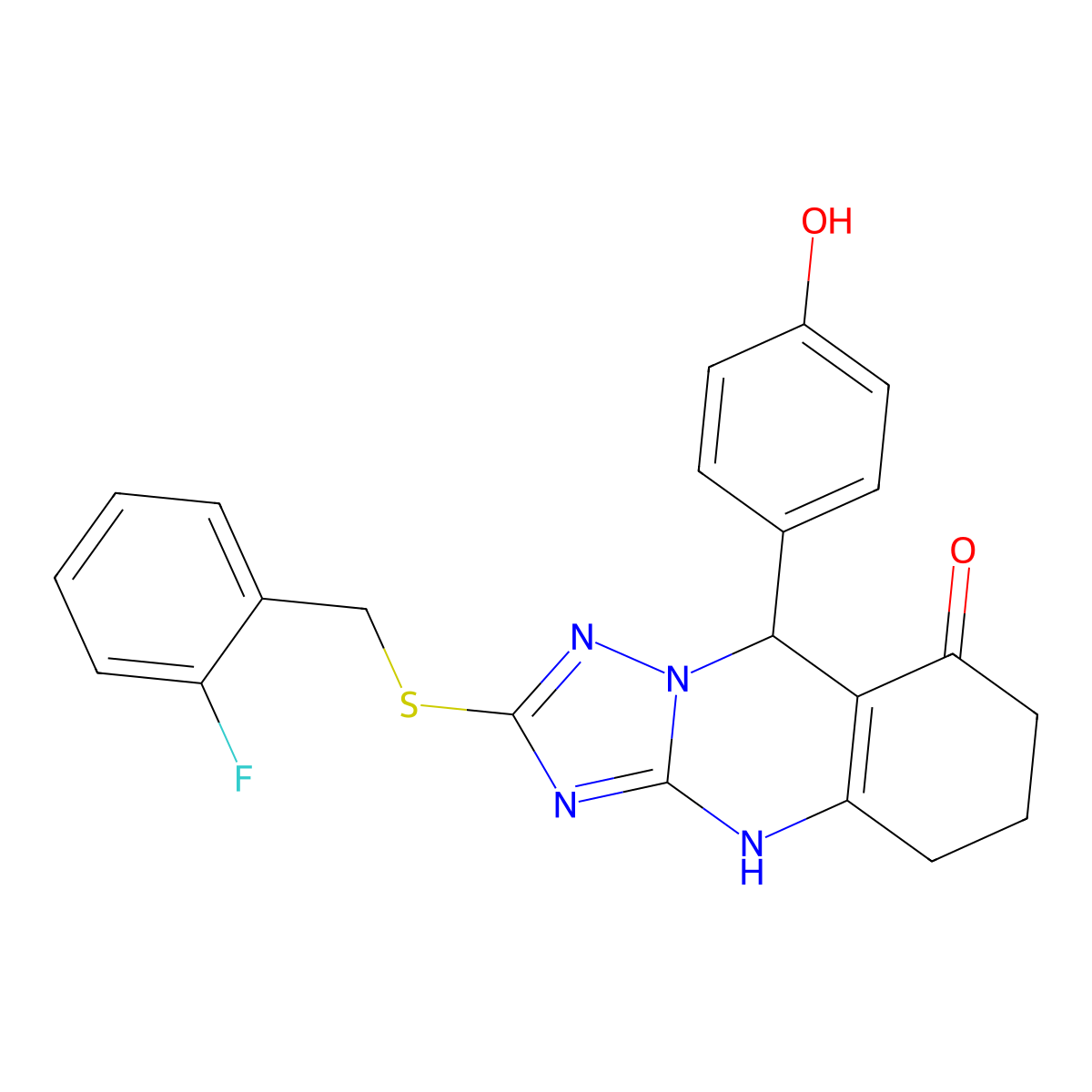 2-{[(2-fluorophenyl)methyl]sulfanyl}-9-(4-hydroxyphenyl)-4H,5H,6H,7H,8H,9H-[1,2,4]triazolo[3,2-b]quinazolin-8-one molecular structure, CAS 536982-44-2
