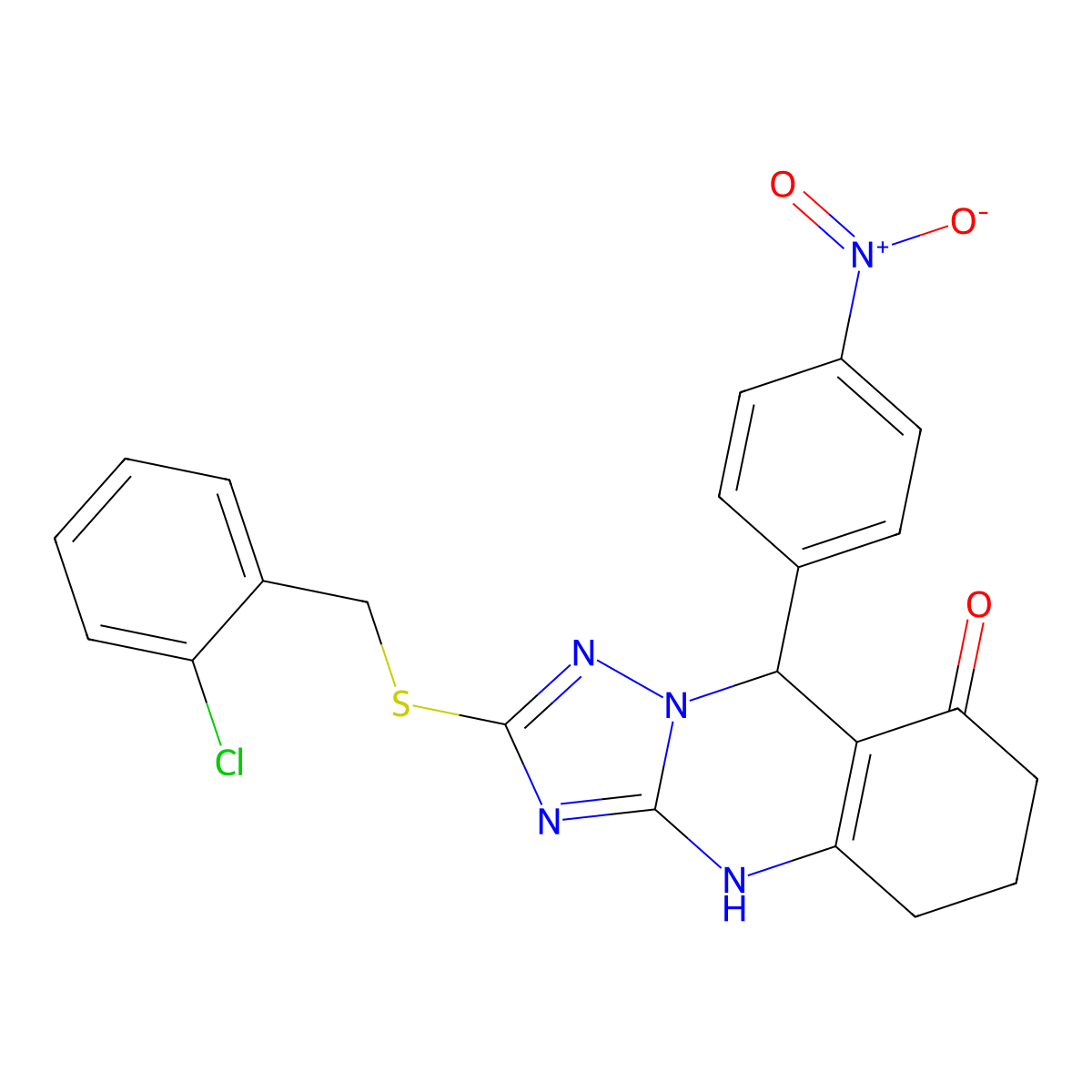 2-((2-chlorobenzyl)thio)-9-(4-nitrophenyl)-5,6,7,9-tetrahydro-[1,2,4]triazolo[5,1-b]quinazolin-8(4H)-one molecular structure, CAS 536982-62-4