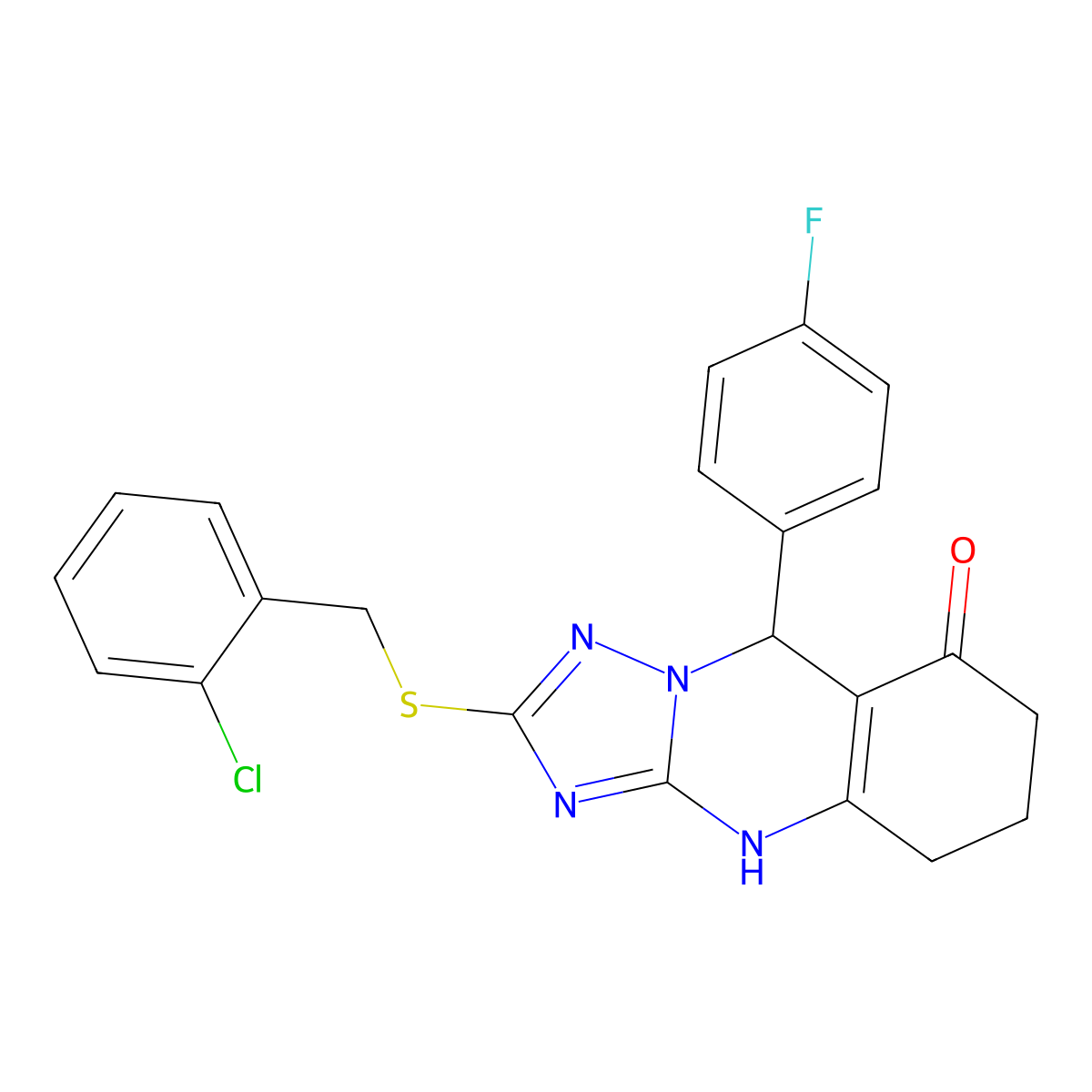 2-((2-chlorobenzyl)thio)-9-(4-fluorophenyl)-5,6,7,9-tetrahydro-[1,2,4]triazolo[5,1-b]quinazolin-8(4H)-one molecular structure, CAS 536982-67-9