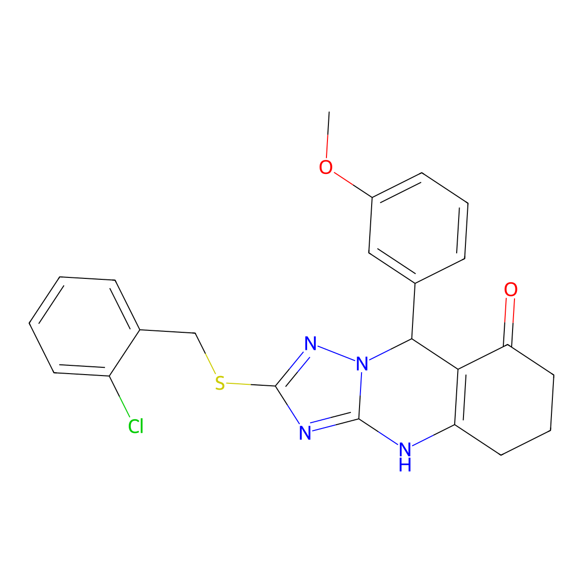 2-((2-chlorobenzyl)thio)-9-(3-methoxyphenyl)-5,6,7,9-tetrahydro-[1,2,4]triazolo[5,1-b]quinazolin-8(4H)-one molecular structure, CAS 536982-72-6