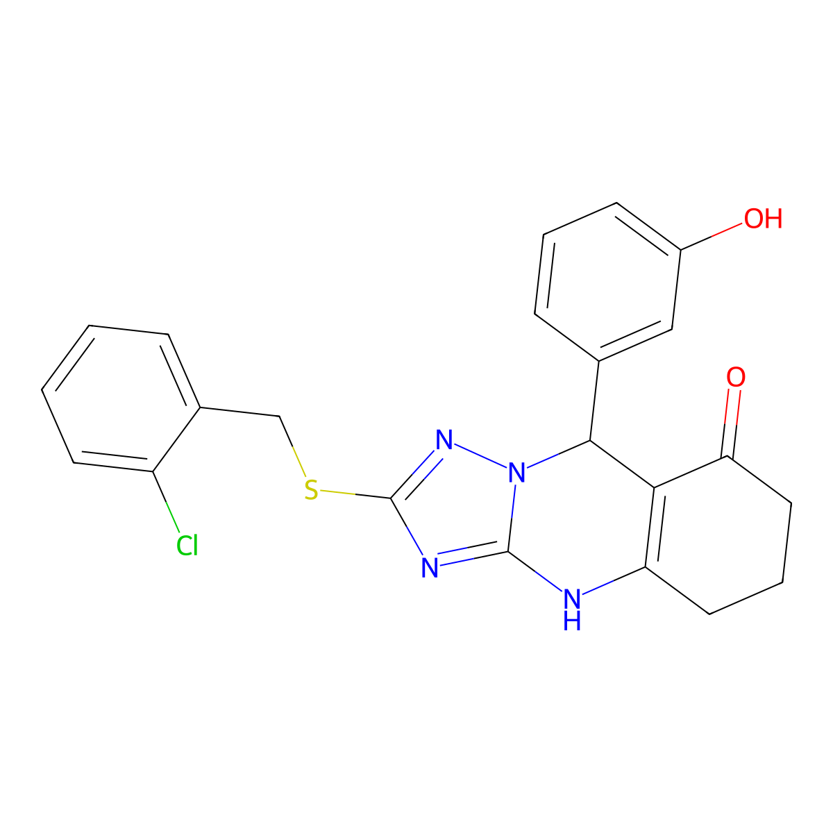 2-[(2-chlorobenzyl)sulfanyl]-9-(3-hydroxyphenyl)-5,6,7,9-tetrahydro[1,2,4]triazolo[5,1-b]quinazolin-8(4H)-one molecular structure, CAS 536982-83-9